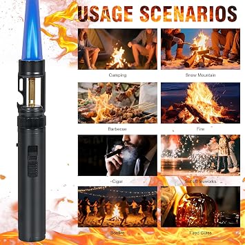 Torch Lighter, Bright Fire Lighter with Safety Lock and Adjustable Blue Flame, Refillable Butane Gas Windproof Jet Flame Cool Lighters, for Candles Campfires BBQ Baking, Camping, Gift (Black)