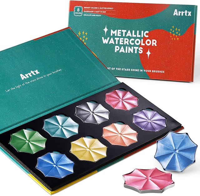 Arrtx Professional Metallic Watercolor Paint Set , 8 Vivid Metallic Glitter Solid Colors, Art School supplies for Artists, Beginners, Hobbyists, Students, Professionals