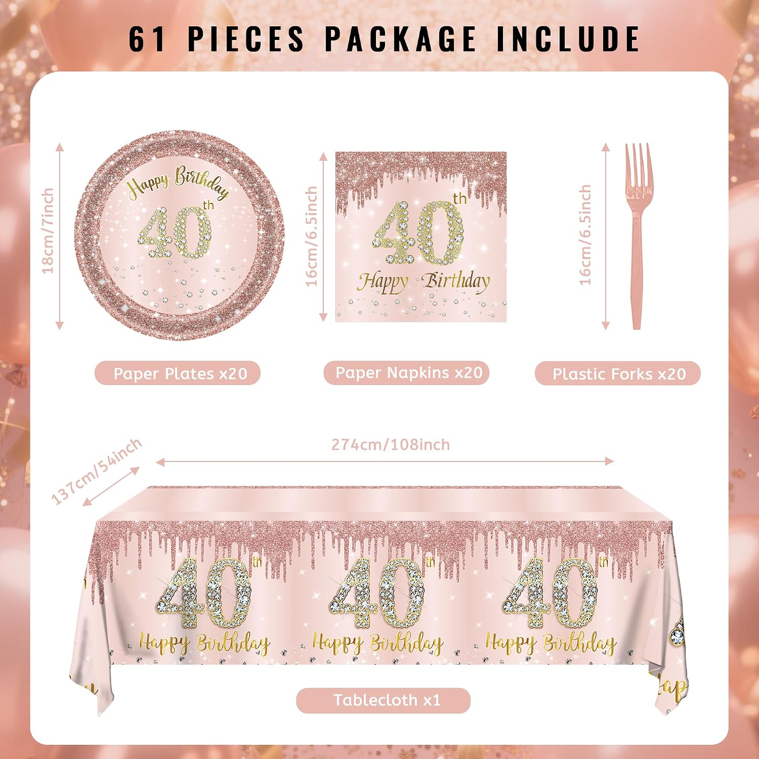 40th Birthday Decorations for Women,61Pcs Rose Gold 40th Birthday Plates and Napkins,Tablecloth,Forks,40th Birthday Party Supplies Tableware Serve 20 image 4