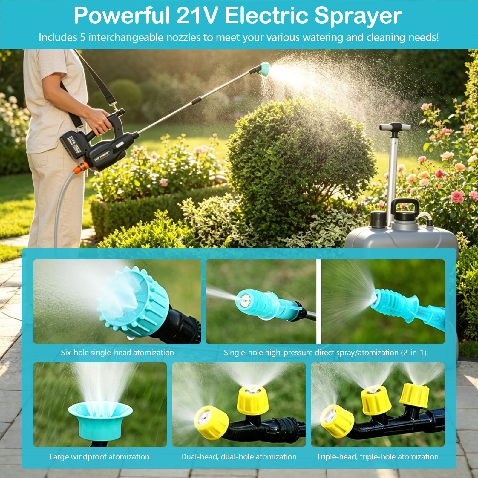 22L Akku-Drucksprühgerät, 21V, mit 3m Schlauch, 6 Düsen, Einfüll- und Absaugfilter, Schultergurt, 3-stufig Einstellbarer Wasserfluss, mit Rädern, für Gartenarbeit, Autowäsche und Bewässerung