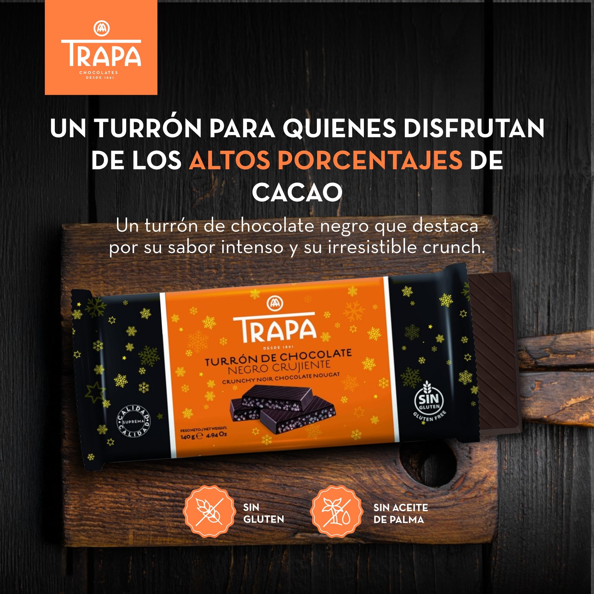 TRAPA | Turrón de Chocolate Negro Crujiente | 140 g | Sin Gluten y Sin Aceite de Palma