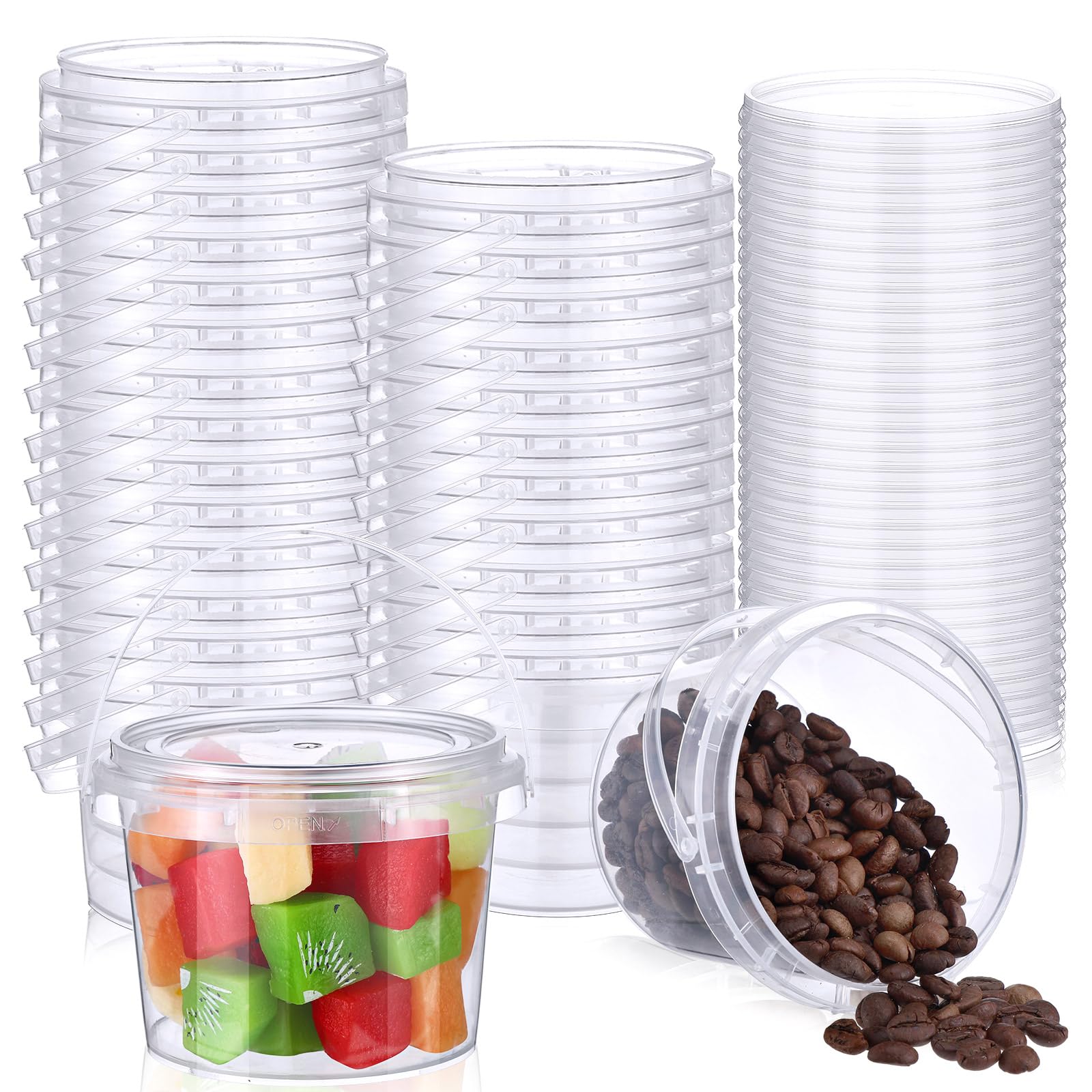 Mifoci 50 cubos de plástico transparente para alimentos, redondos, reutilizables, con tapas y asas, herméticos, de plástico transparente, congelador, cubo reutilizable para cocina, bebidas y hogar (8