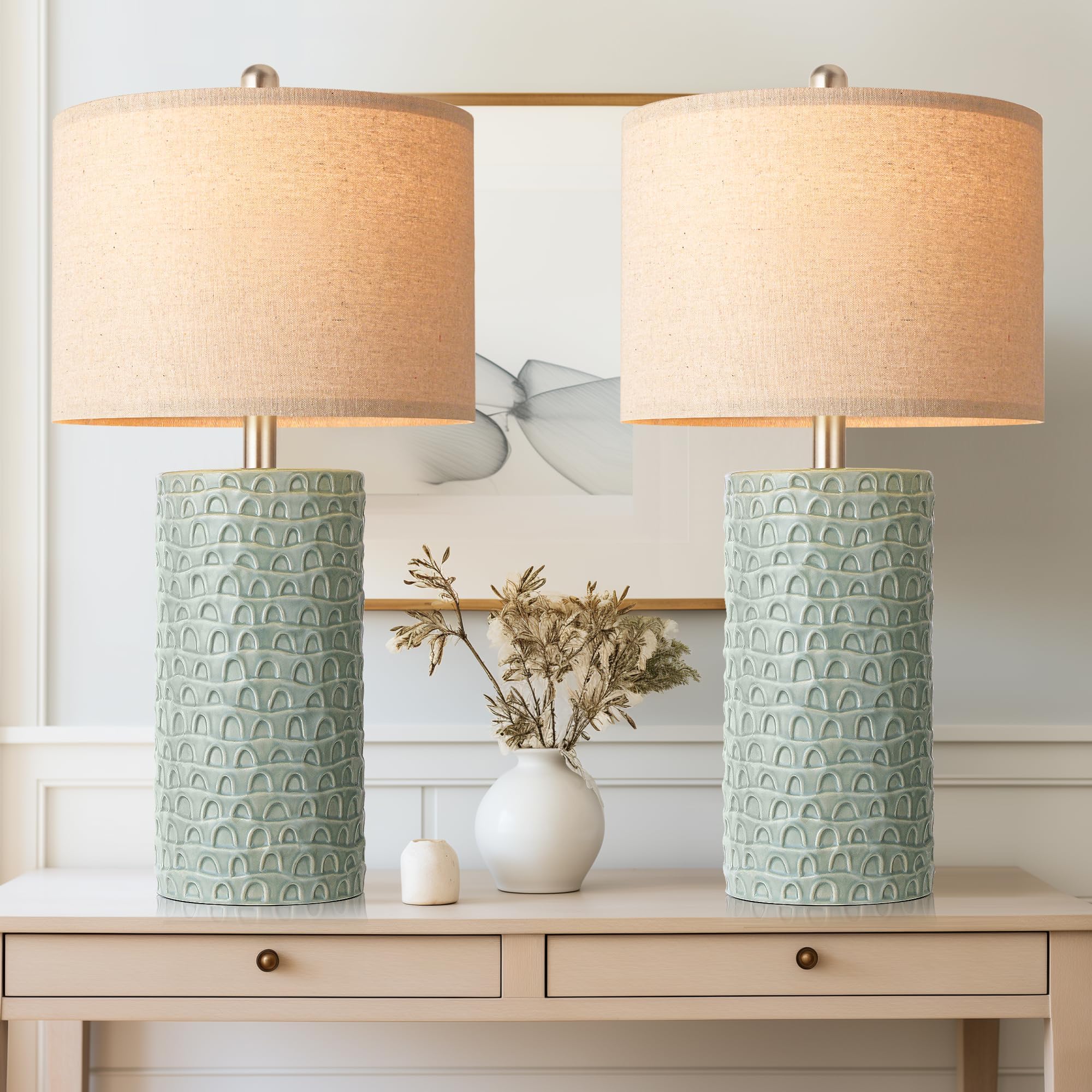 PARTPHONER 23" Modern Ceramic Table Lamp Set of 2, Table Lamps for Living Room, Rustic Farmhouse Bedside Lamps Nightstand lamp for Bedroom, Desk Lamp for End Table Home Decor Light Green