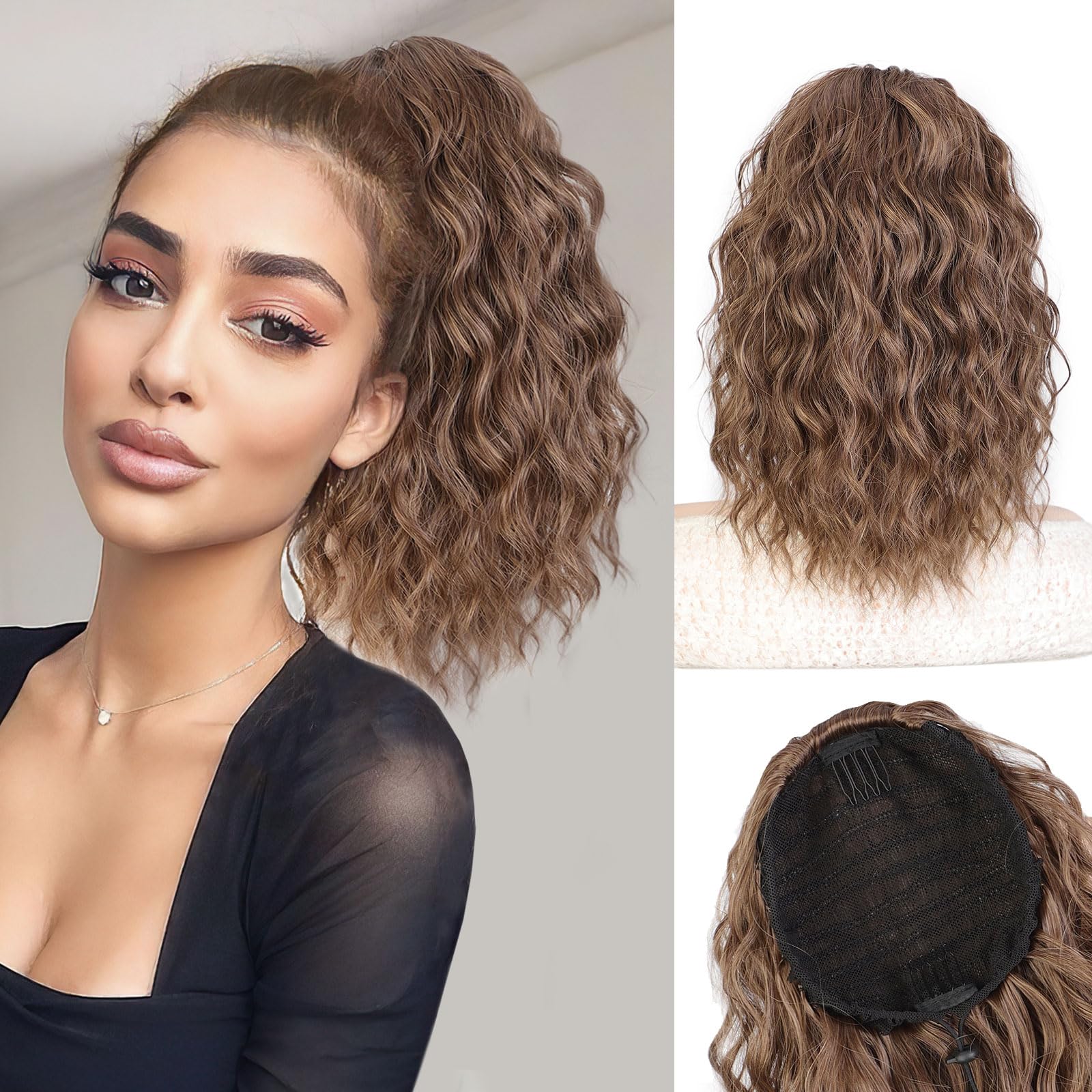 QGZ Ponytail Extension,Drawstring Ponytail for Women 14 Inch Synthetic short Curly Wavy Lightweight Layered Pony Tails Hair Extensions Clip in