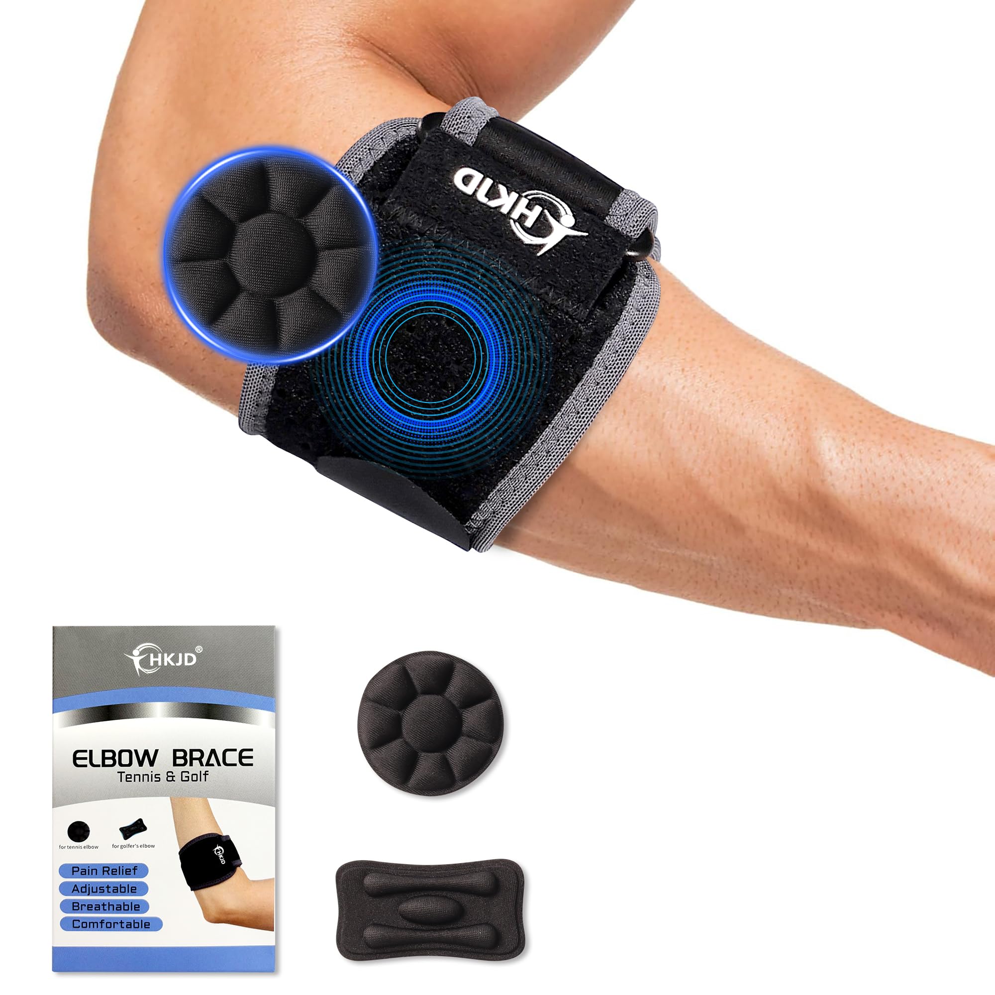HKJD Tennis Elbow Brace for Men & Women, Elbow Brace for Tendonitis & Golfer's Elbow, Adjustable Elbow Brace for Men with 2 Compression Pads for Pain Relief & Support, Beathable Tennis Elbow Strap for Women & Men, Forearm 8.5''-12'' (1 Pack)