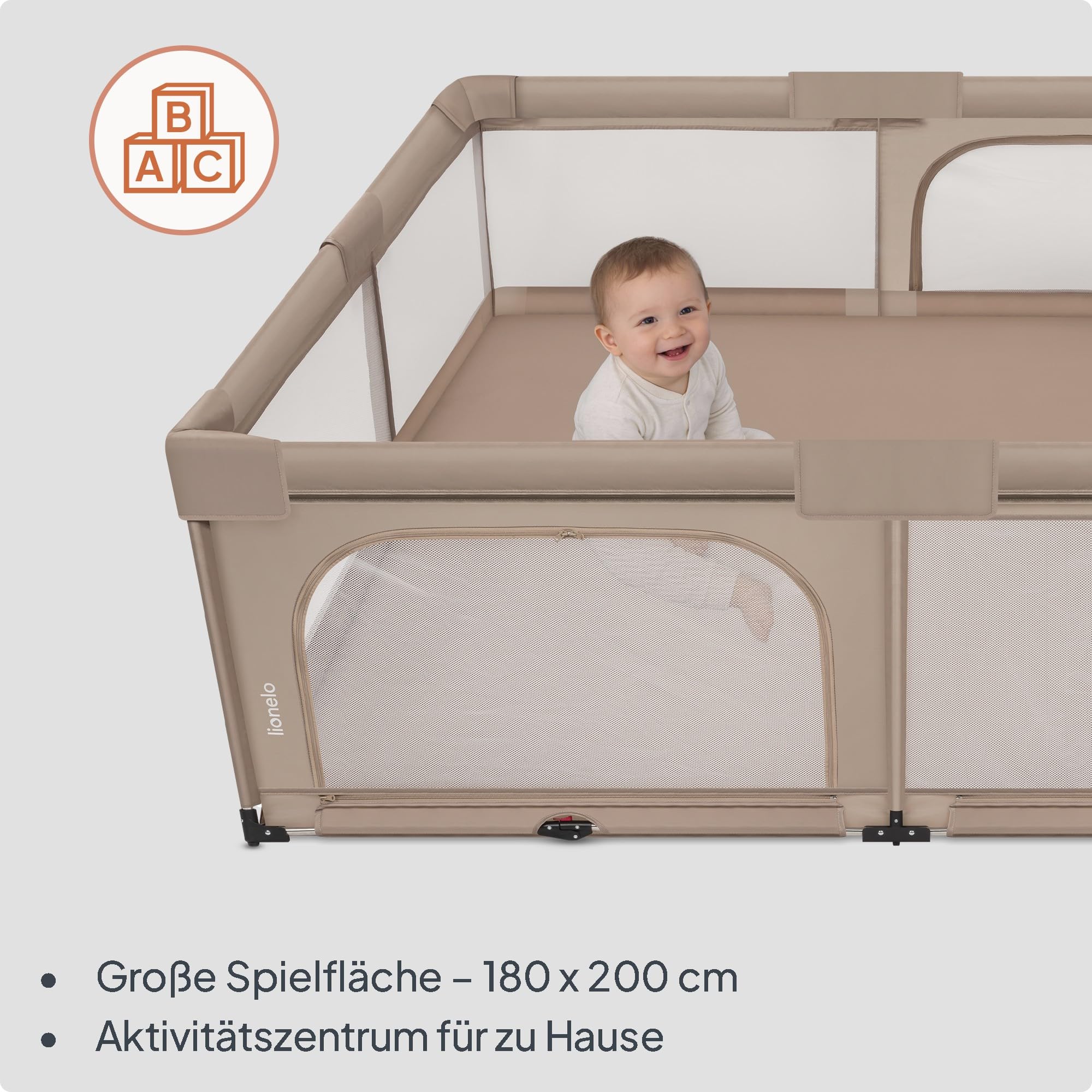 Lionelo Florence XL Easy Fold Laufstall Baby 180 x 200 cm, Faltbares Laufgitter Baby, Ohne Montage Nutzbar, 2 Seiteneingänge mit Reißverschluss, Atmungsaktives Netz, Weiche Kanten, Transporttasche