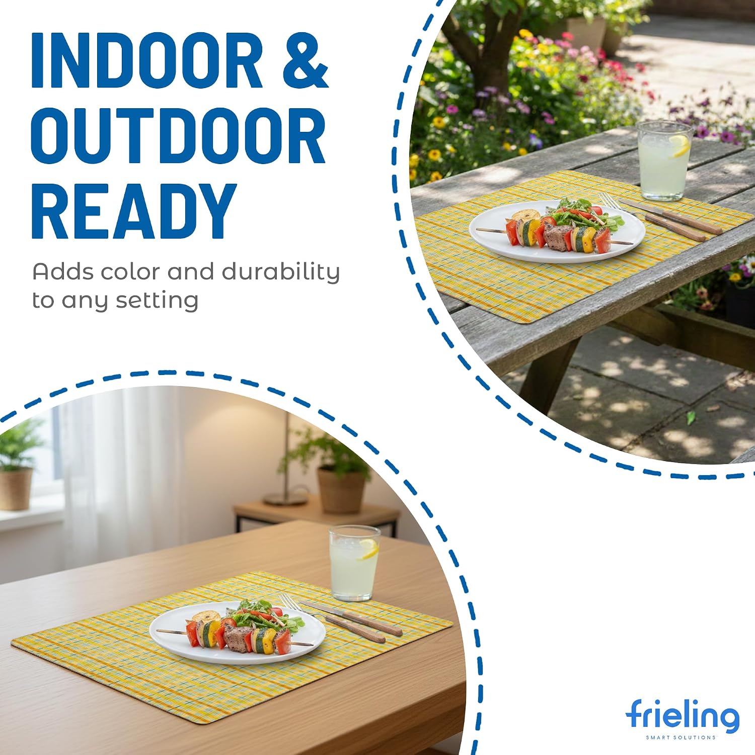 Davanti by Frieling, Set of 6 Rectangular Placemats - Yellow Plaid, Anti-Slip Dining Table Mat for Indoor & Outdoor Use, 13" x 17" Vinyl & Polyester Table Protector, Dining Decor - Made in Chile