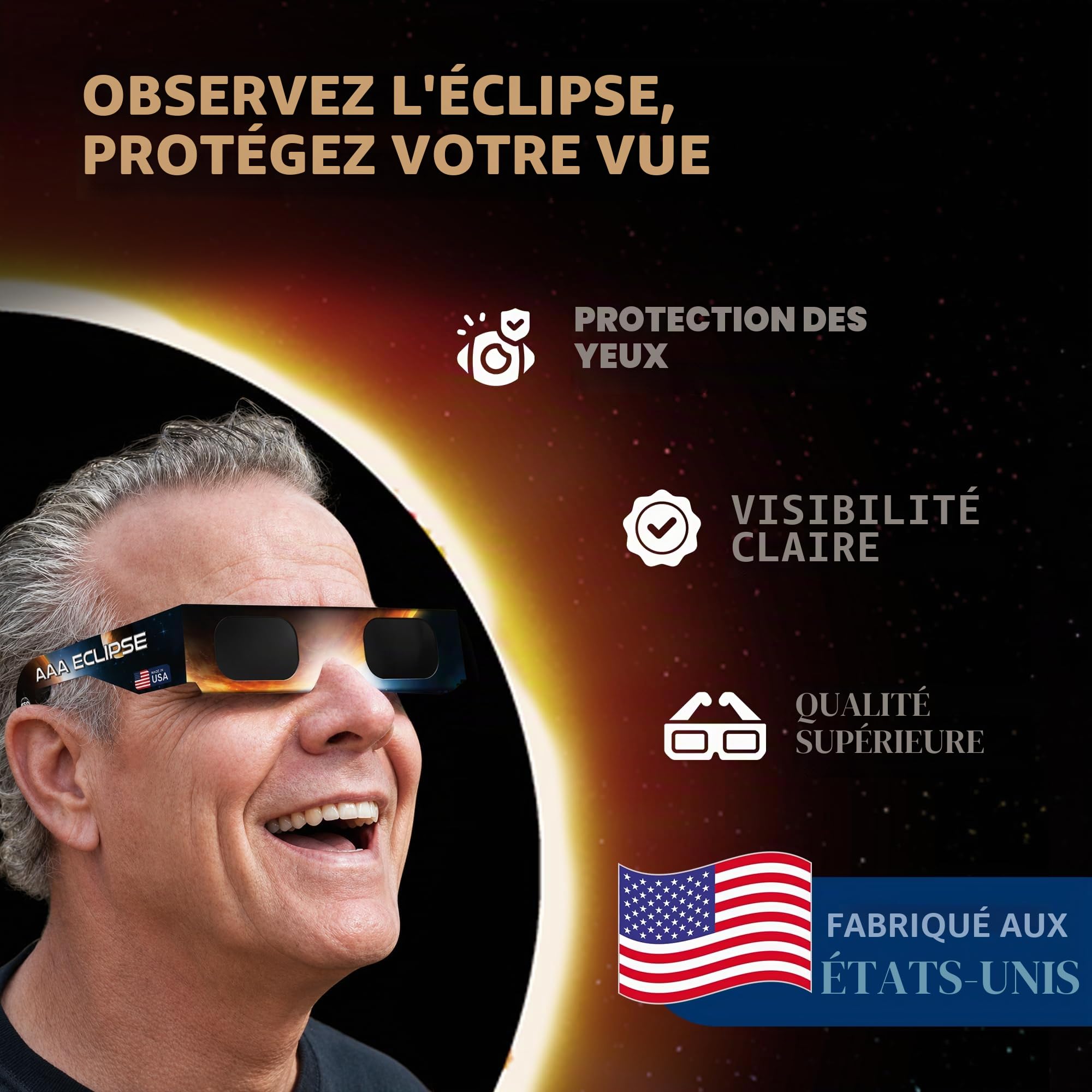Lot de 50 Lunettes Éclipse Solaire certifiées CE ISO 12312-2 - Fabriquées aux États-Unis - Lunette éclipse solaire pour observation sécurisée - Solar Eclipse Glasses