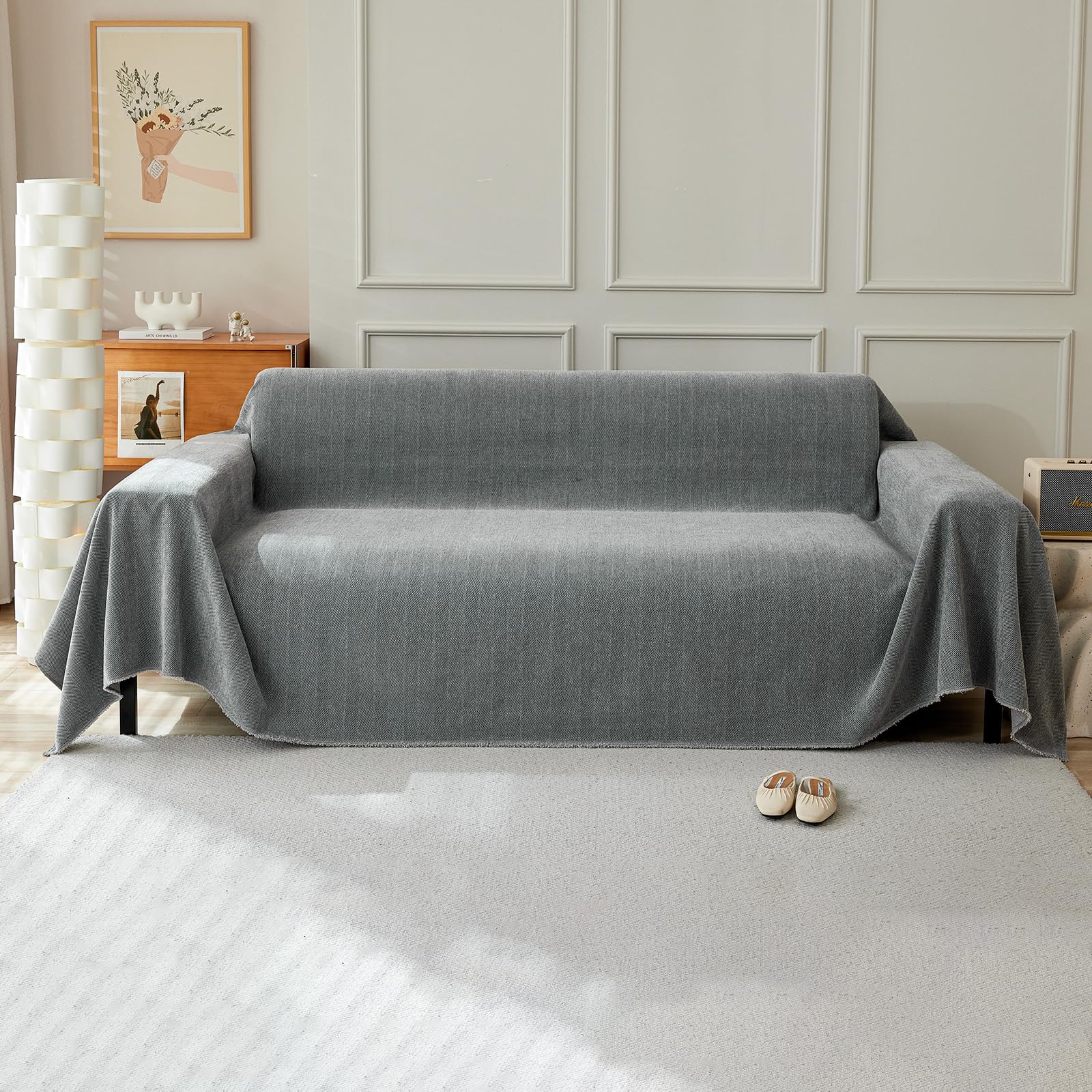 VanderHOME Solid Color Sofa Throws Couch Cover with Decorative Fringe Bedspread, Multifunctional Chenille Sofa blanket,Ideal for Sofa Couch Bench and Bed 230 * 180cm-Dark Grey