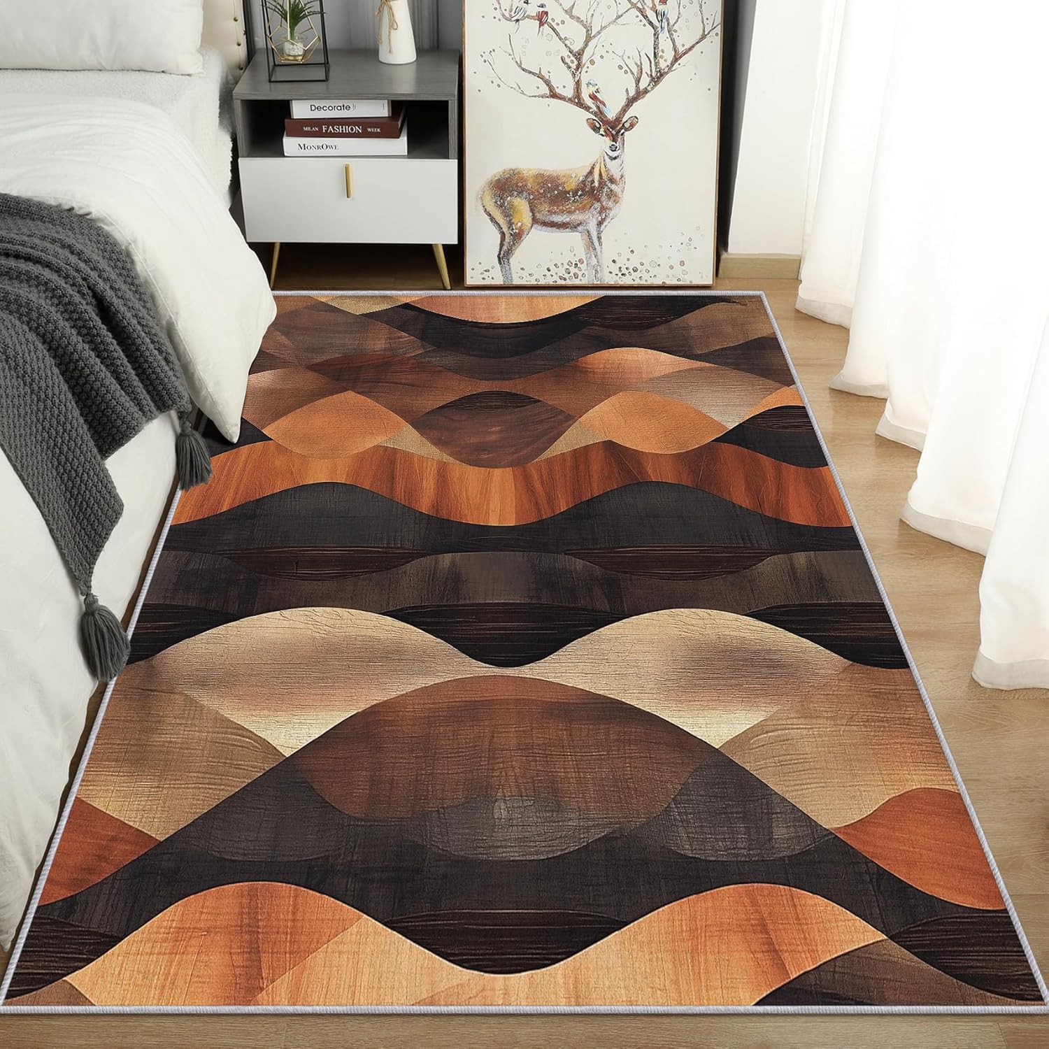 7x9 Swirl Carpet, Retro Wooden Home Decor Area Rug Washable, Abstract Geometric Rug for Living Room, Bedroom, Office, Swirl Gift Non Slip Pet Friendly
