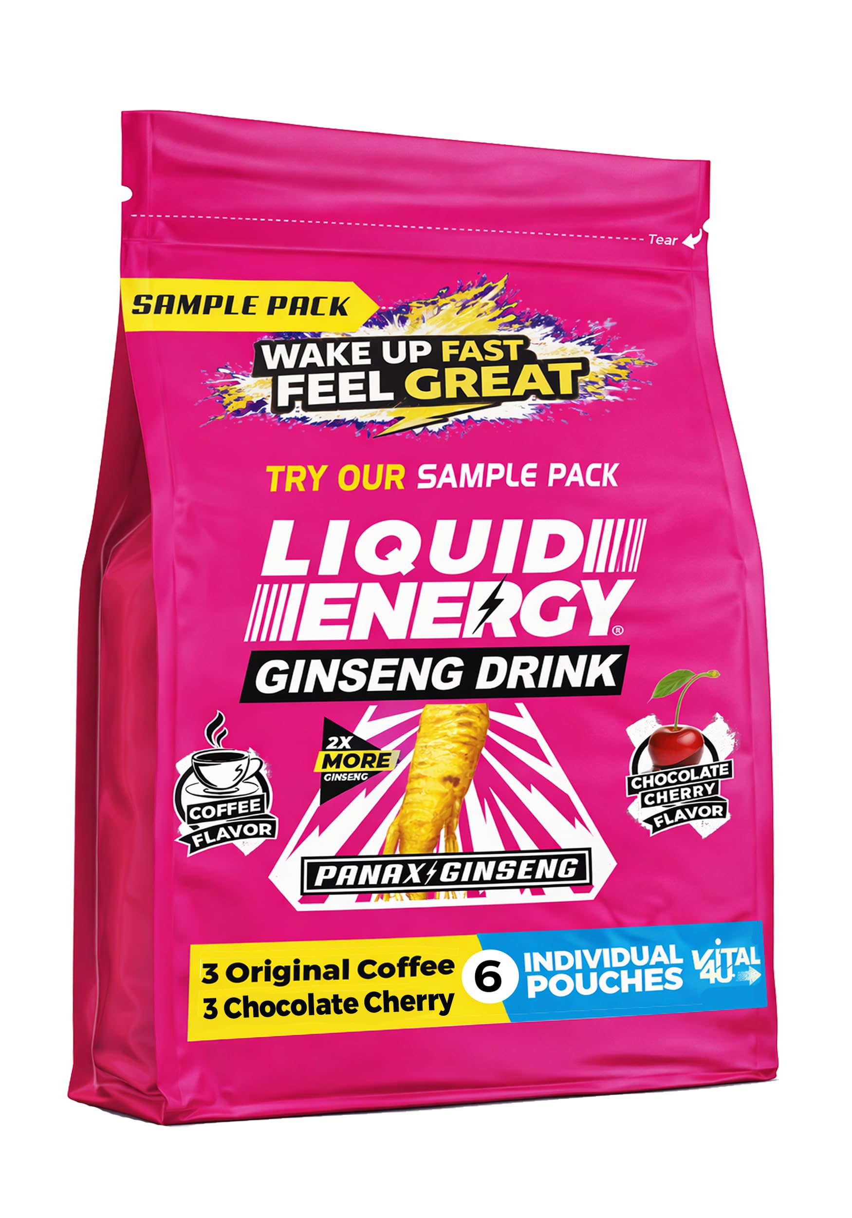 VITAL 4U Liquid Energy Sample Pack, 6 Ready-to-Drink Energy Shot Pouches | 3 Original Coffee, 3 Chocolate Cherry | 175 mg Caffeine per Pouch