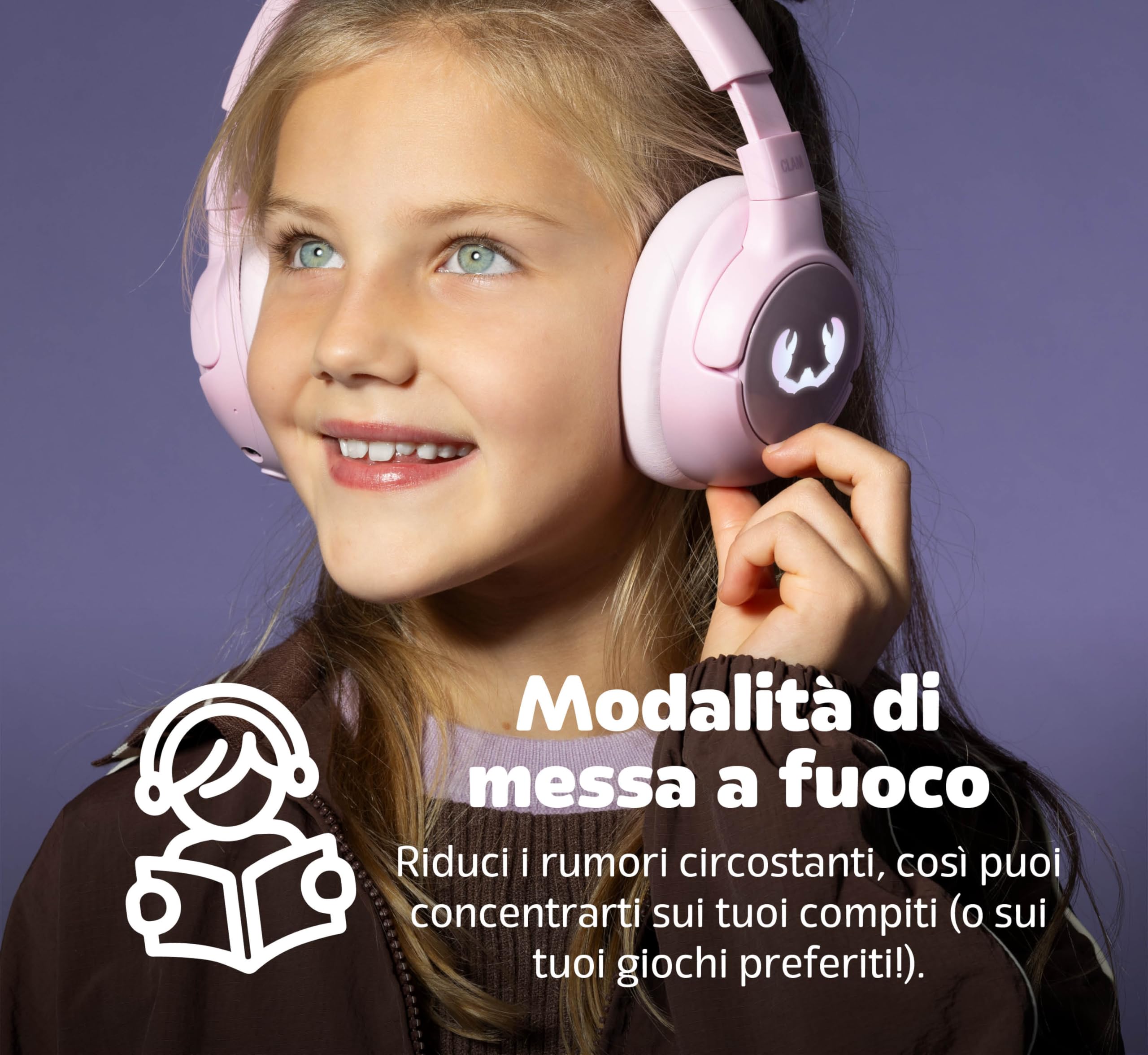 Fresh 'n Rebel Clam Junior, Cuffie Bluetooth per Bambini con Cancellazione Attiva del Rumore, suono sicuro (<85dB), Cavo audio e Adesivi inclusi, Effetti LED. 60 ore di riproduzione (Mighty Magic)