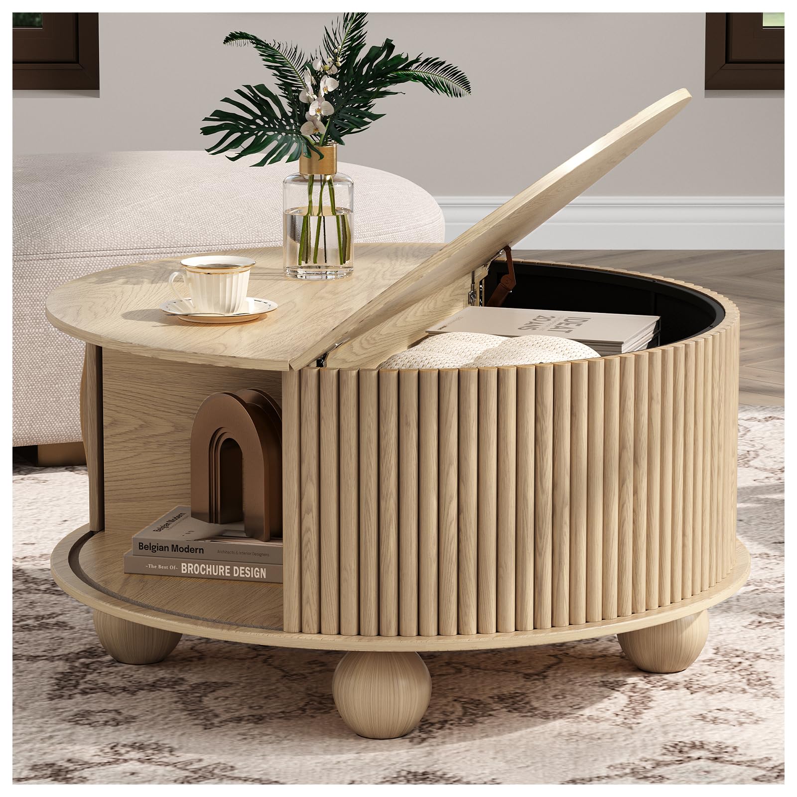 JOINICE,Round Coffee Table with Storage, 31.5" Fluted Center Table for Living Room, Modern Walnut Wood Circle Drum Table with Sliding Cabinet Door, Mid Century Furniture for Small Space — view 25