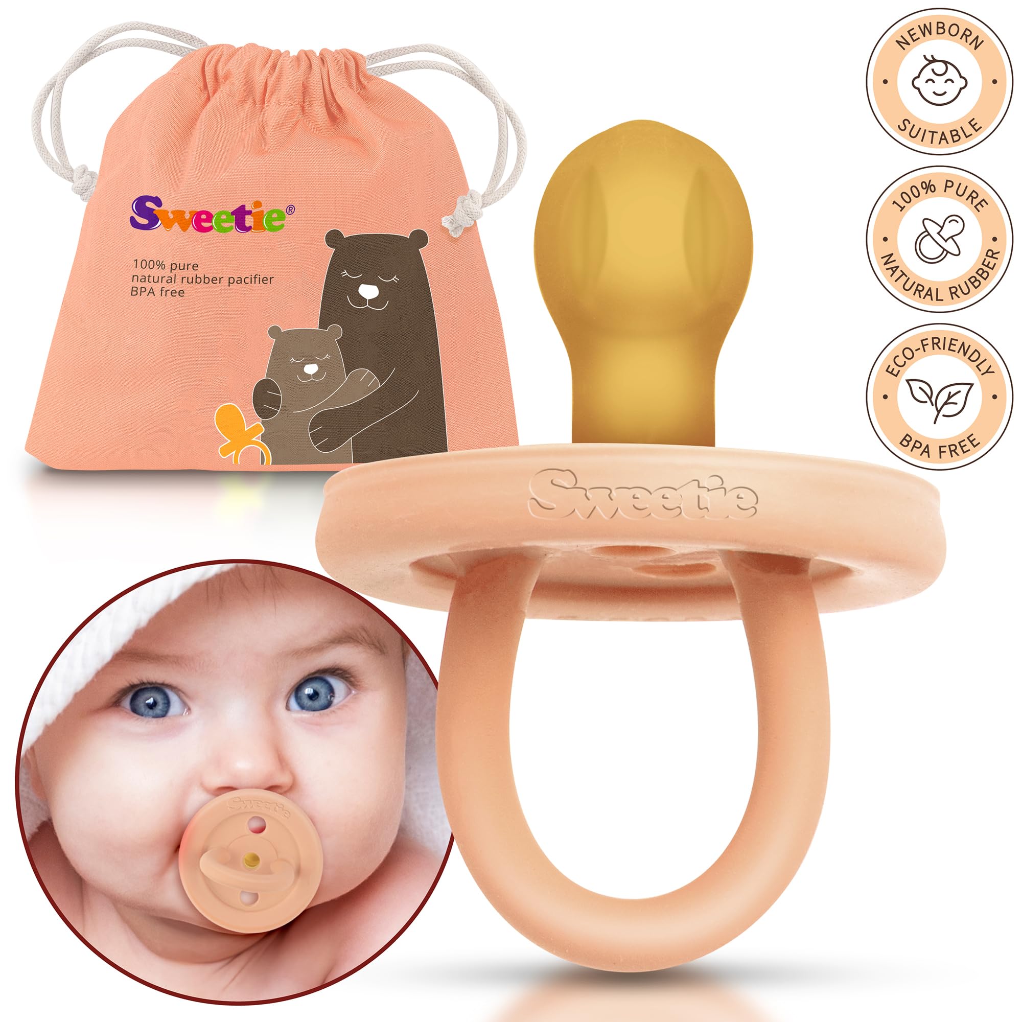 SWEETIE Rubber Pacifier Natural Rubber Pacifier Rounded Light Pink Large 12-18 Month