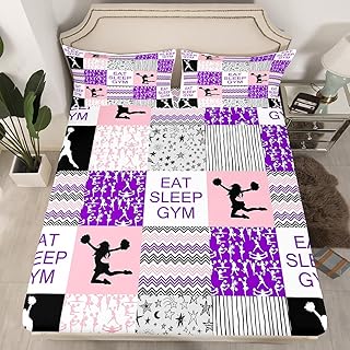 Cheerleading Bed Sheet, Cheerleader Loves Bedding Set Twin Size For Kids Girls Teens Adult Bedroom, Geometric Checkered Fitted Sheet Starry Sky Bedding Decor Set With 1 Pillow Case, Purple Pink