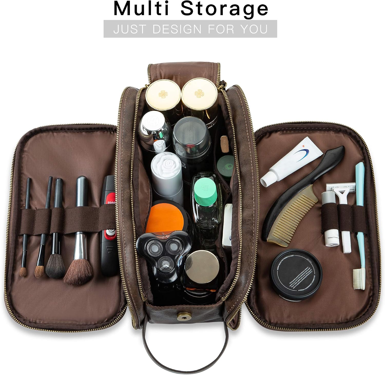 Water-Resistant Leather Toiletry Bag for Men Women Large Travel Wash Bag Shaving Dopp Kit Bathroom Gym Toiletries Makeup Organizer with Free Wet Dry Bag (Chocolate) - Image 5