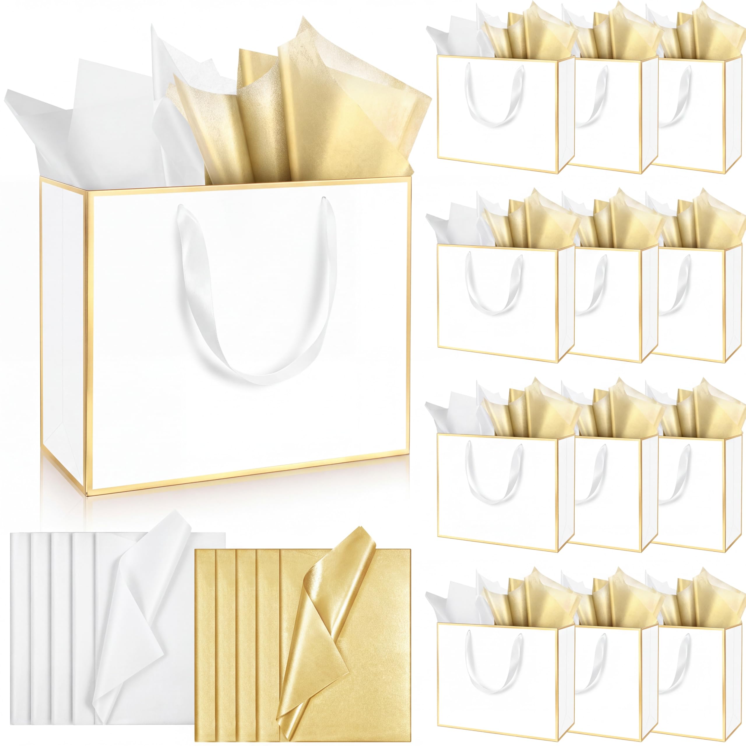 ReliThick 12 Pack Paper Gift Bag with Handles &amp; Tissue, White, Gold
