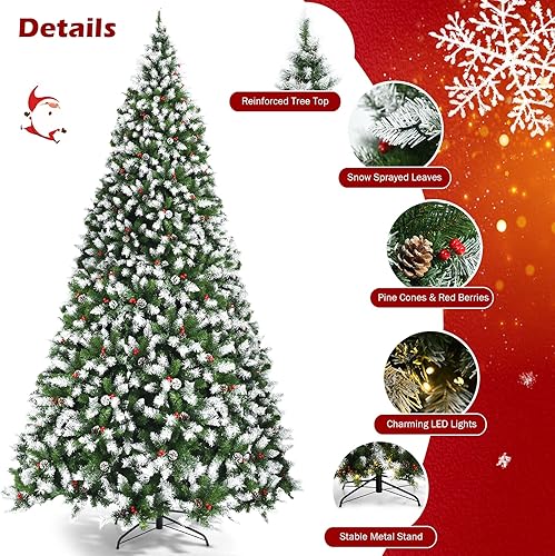 Miniatura 21 de Goplus Árbol de Navidad artificial preiluminado de 7.5 pies, árbol de Navidad flocado de nieve con bisagras con conos de pino, bayas rojas y 550
