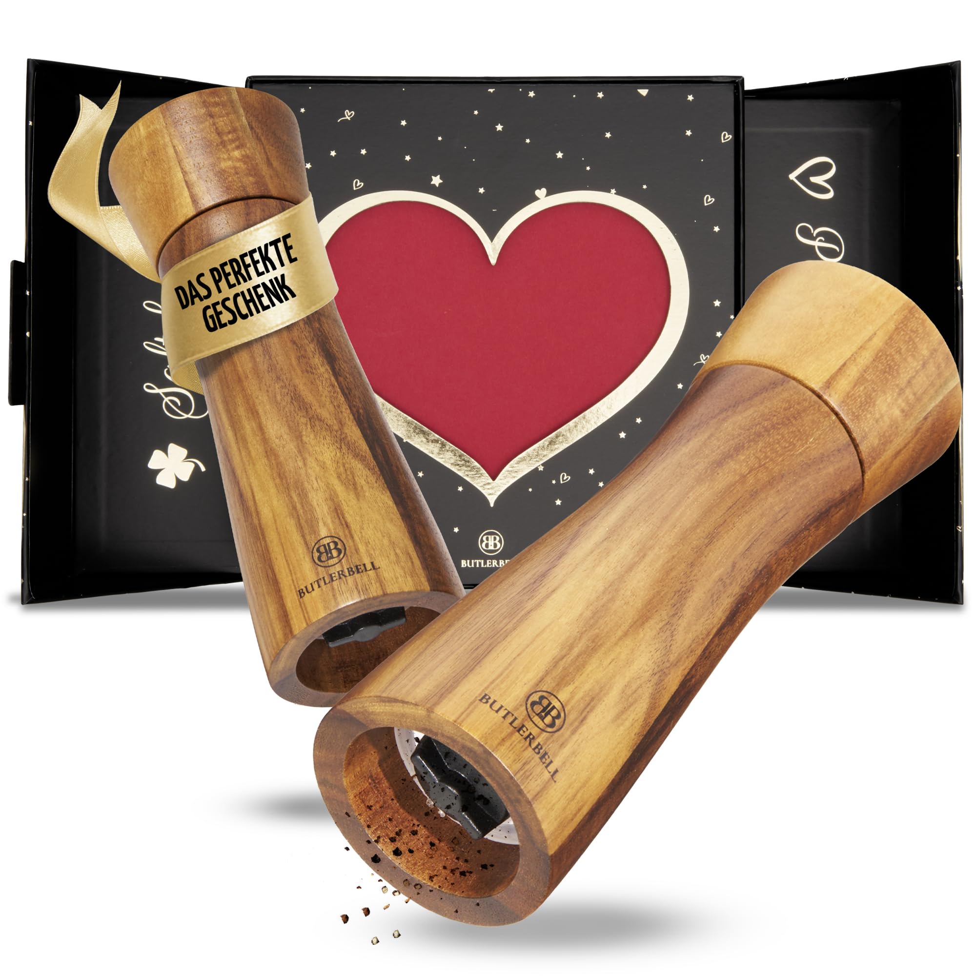 BUTLERBELL® Salz und Pfeffermühle Holz in Luxus Geschenkbox mit Herz ideal als Hochzeitsgeschenk | Geschenke zur Hochzeit | Hochzeitsgeschenke für Brautpaar | Einweihungsgeschenk (Engel)