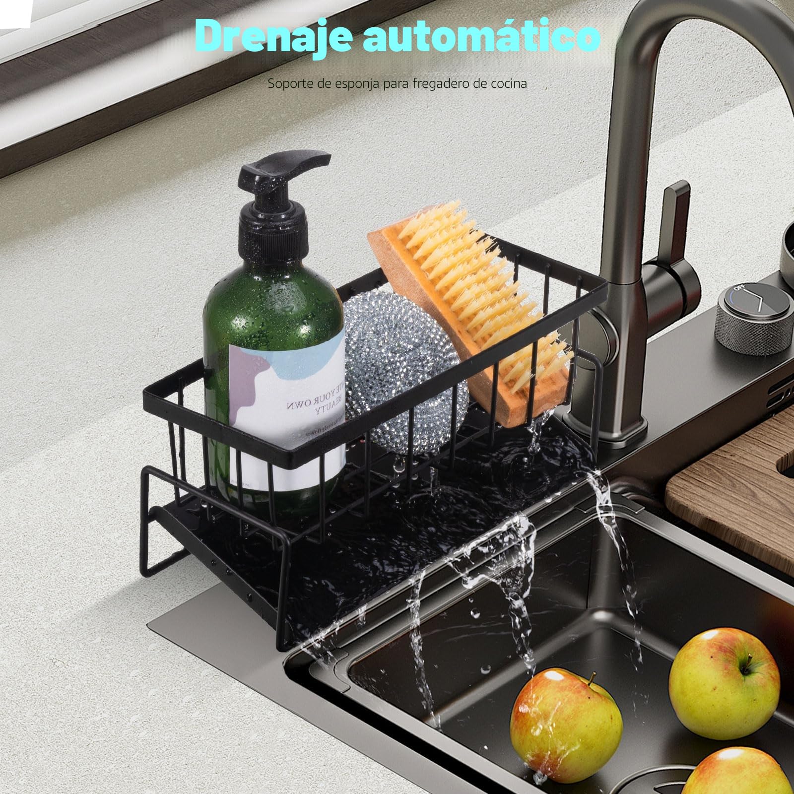 Caja de almacenamiento para fregadero de cocina, organizador para fregadero, estante de almacenamiento multifuncional, color negro, adecuado para almacenamiento de cocina y baño