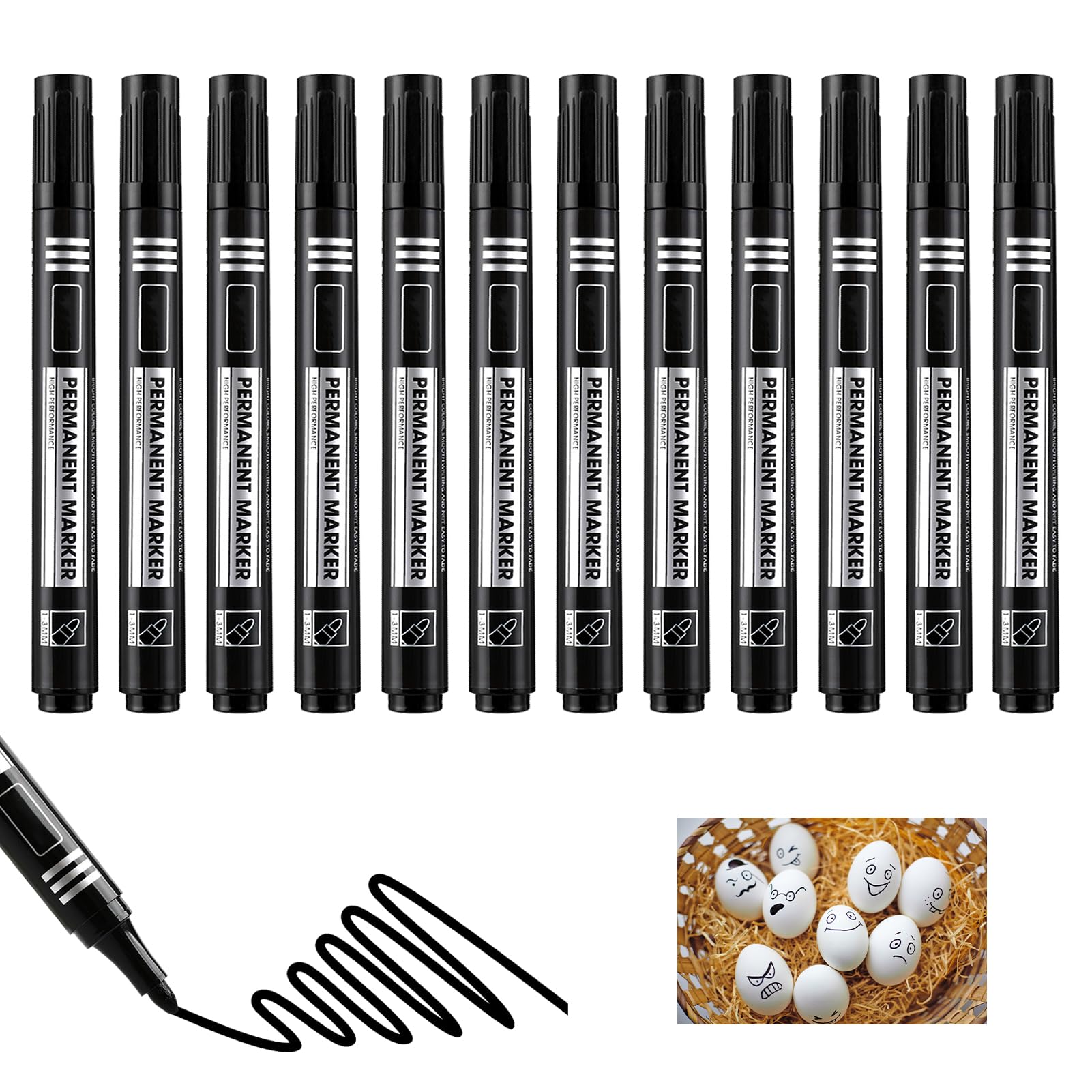 12 Pieces Permanent Marker Black Round Tip 1.5-3 mm Marking 2001, Waterproof and Quick-Drying Markers, Indelible Markers for Cardboard, Plastic, Glass, Wood and Metal