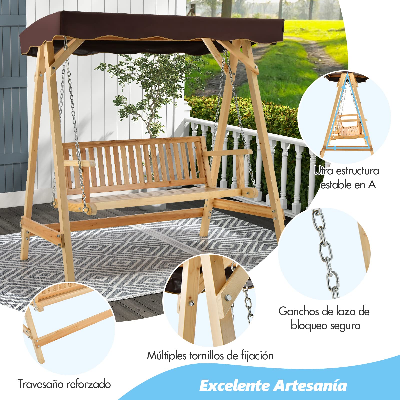 COSTWAY Columpio Balancin Jardin de Madera 2 Plazas,Toldo Ajustable, Silla de Madera de Columpio de Patio hasta 240kg, 175x106x182 cm, Porche, Patio Trasero, Balcón (con toldo)