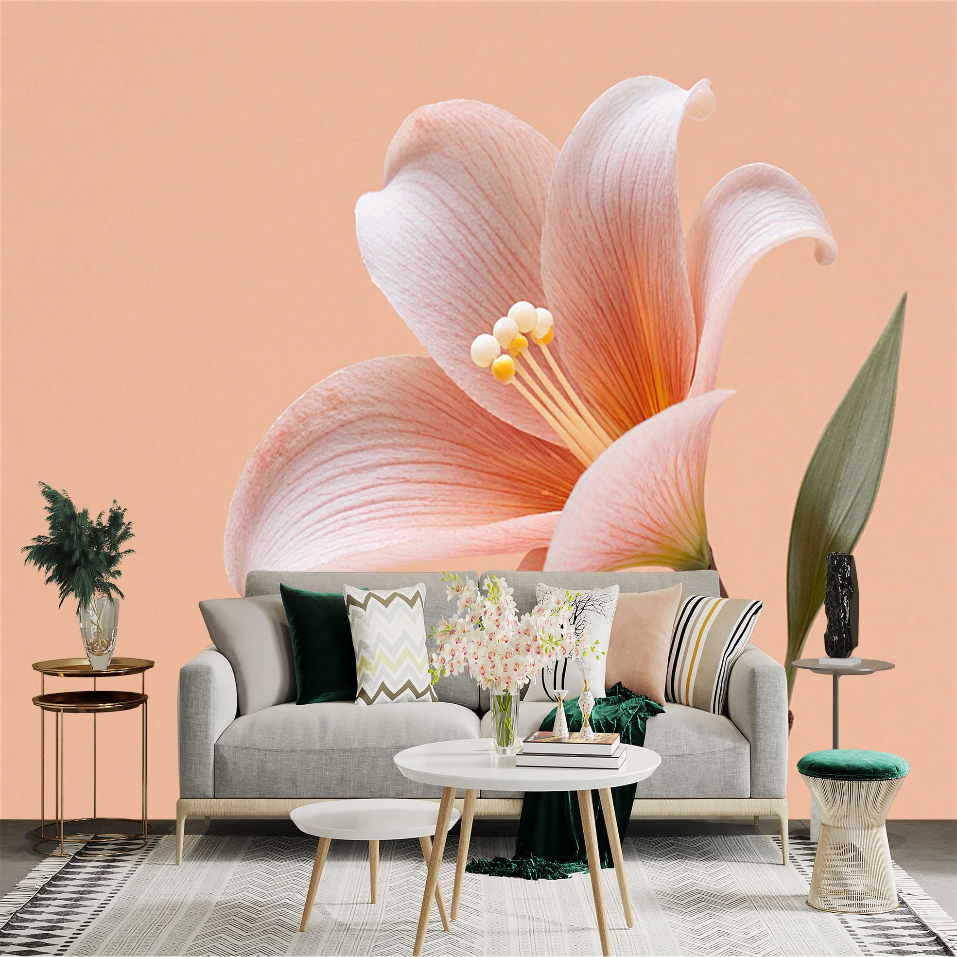 Custom Size Wall Sticker Mural， Elegant Soft Pink Lily Flower， Botanical Floral Art， Minimalist Bloom， for wall Decoration， peelandstick wall Decals.