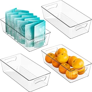 Simple Houseware Clear Storage Plastic Bin Organizer for Kitchen, 14" x 7" x 3.75", L Size, Set of 4