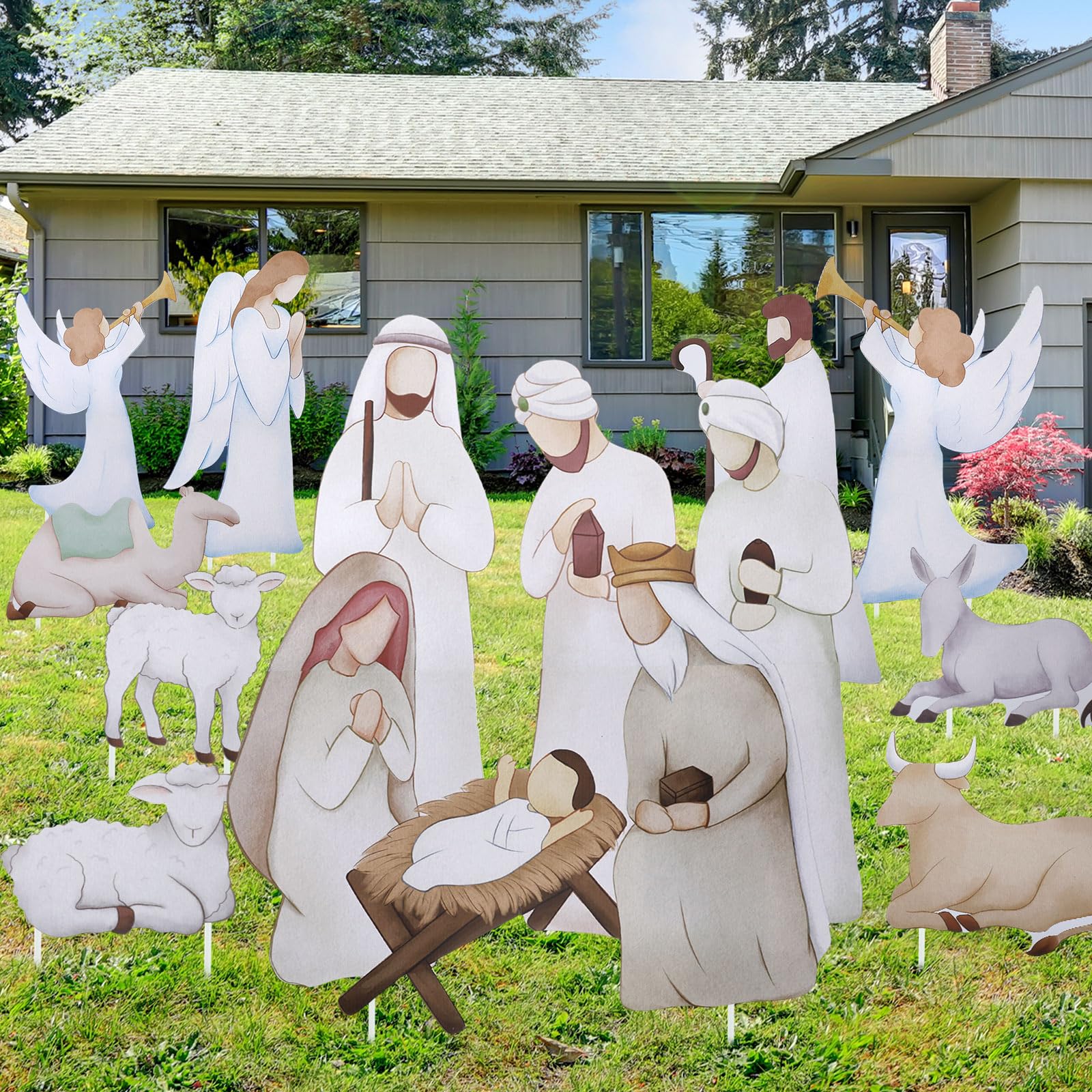 Suzile 10 Pcs Christmas Outdoor Nativity Scene Set Waterproof Religious Nativity Yard Sign with Stakes Plastic Decorative Garden Stakes Ornament for Holiday Xmas Lawn Pathway Outdoor Decor