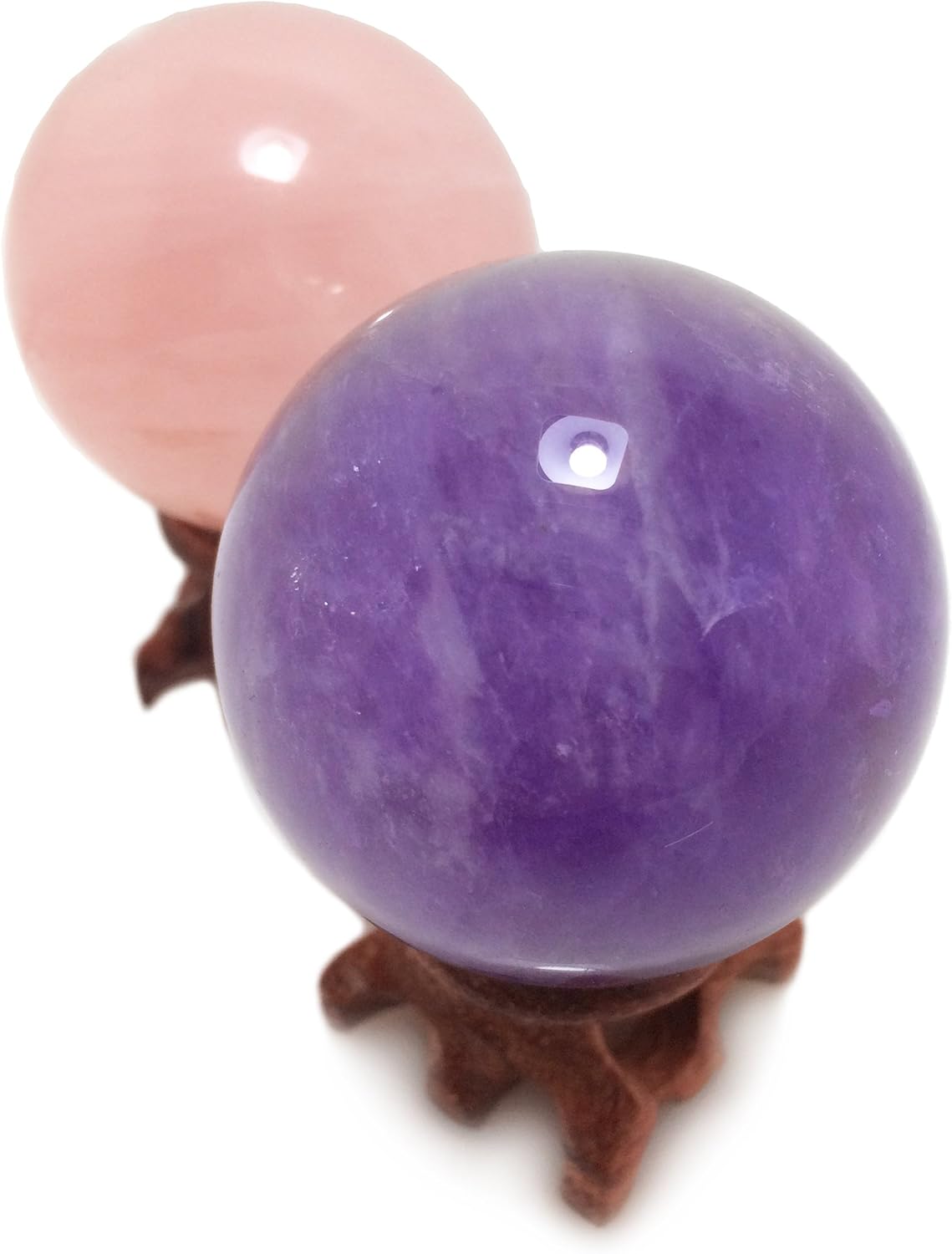 Polar Jade Natural Crystal Balls, Rose Quartz and Amethyst Power Stone Spheres with Stand for Crystal Healing, Meditation, Feng Shui, Scrying, Decor, Hand-Made