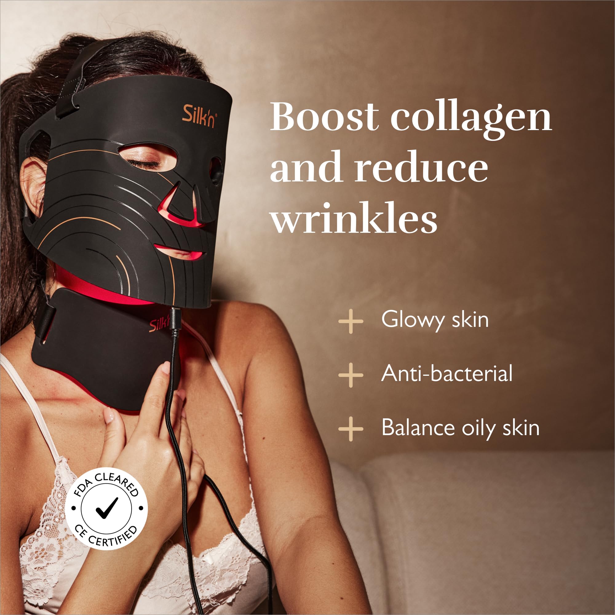 Silk'n Set Maschera LED per viso e collo | Maschera LED Dual | Maschera di bellezza con fototerapia per viso e collo | Cura della pelle | Nero