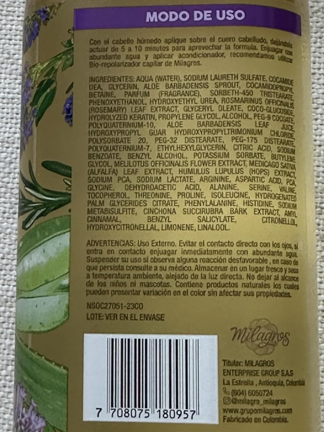 Champú Ultranutritivo Premium Milagros 15.2 oz – | Ideal para el lavado diario, romero y quina | Colombia Champú Milagros cuidado del cabello