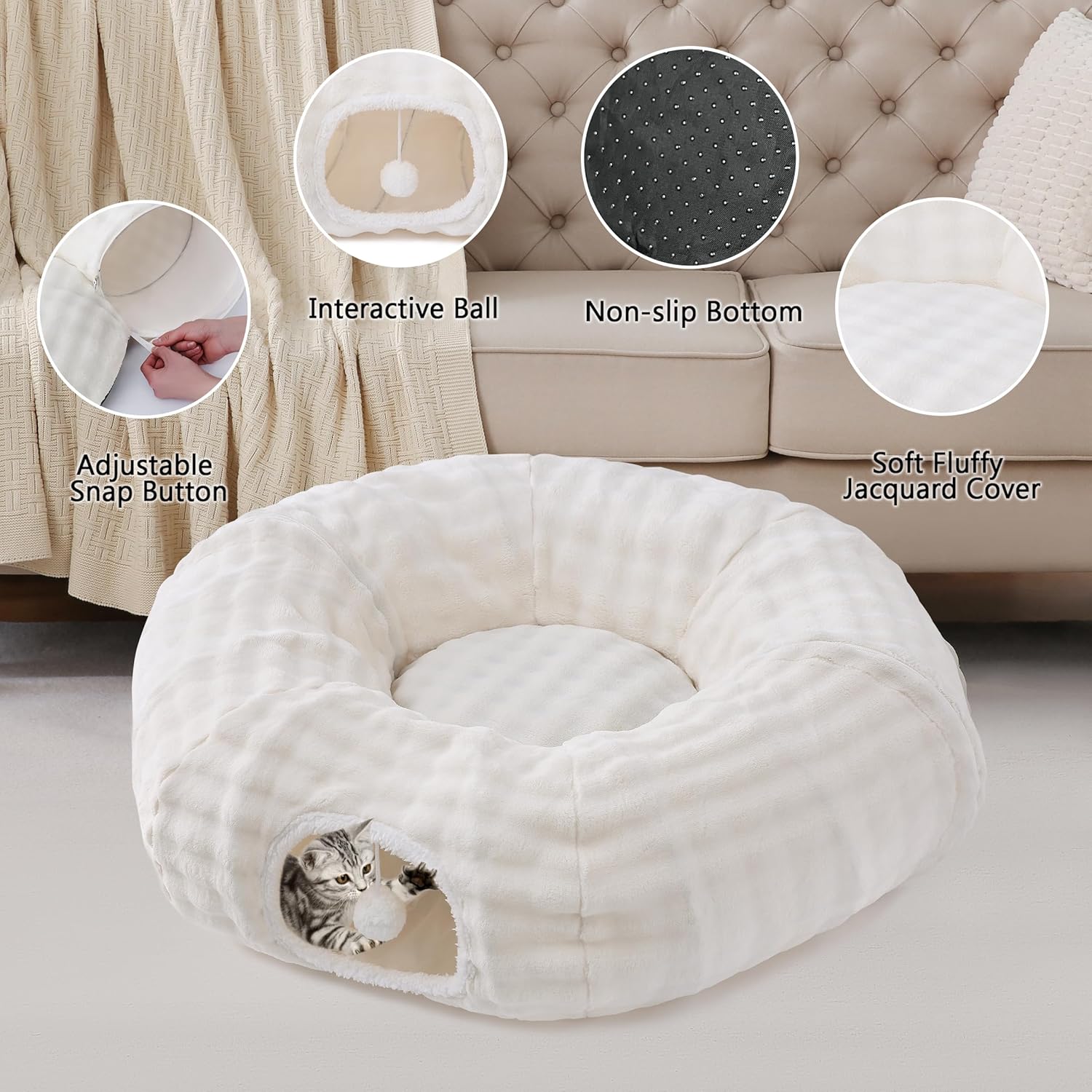 Bubble Cat Tunnel for Indoor Cats, Round Peekaboo Cave Toy with Dangling Balls, Donut Tunnel Bed with Circle Mat for Puppy Kitten Rabbit, Cream White
