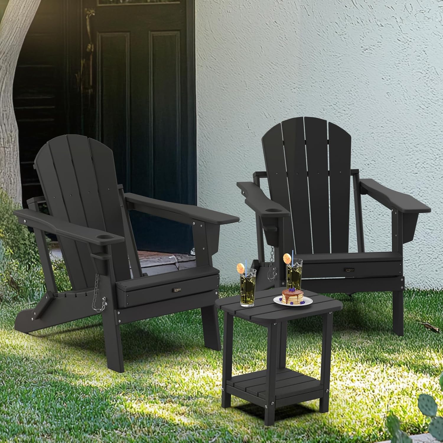 VINGLI Outdoor Side Table, 2-Tier HDPE Adirondack Side Table with Storage, Weather-Resistant Patio End Table for Backyard, Pool, Deck, Indoor Use (Black)