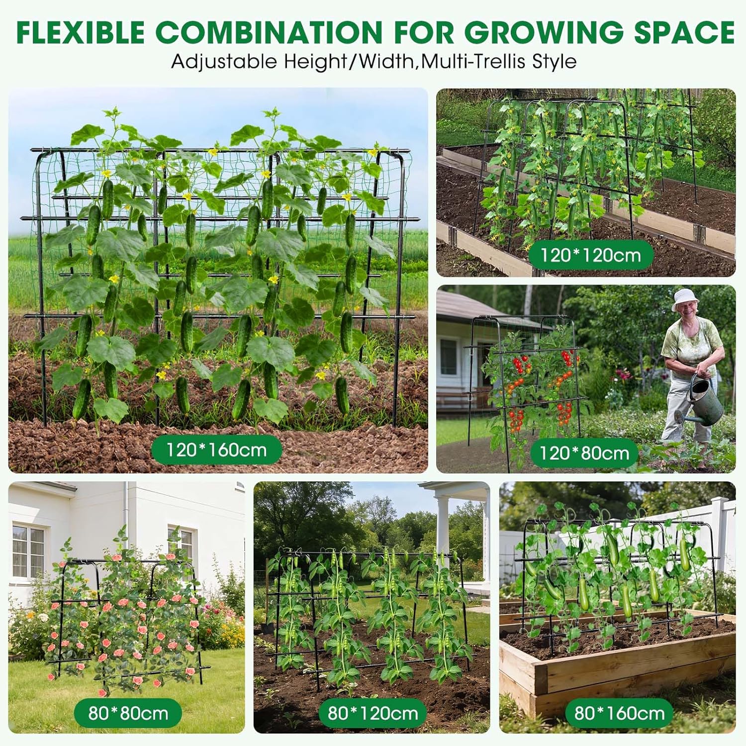 Cucumber Trellis for Raised Bed and Garden, 47" H x 63" W U-Shaped Metal Garden Trellis for Climbing Plants with Nylon Netting, Vegetable Support Frame