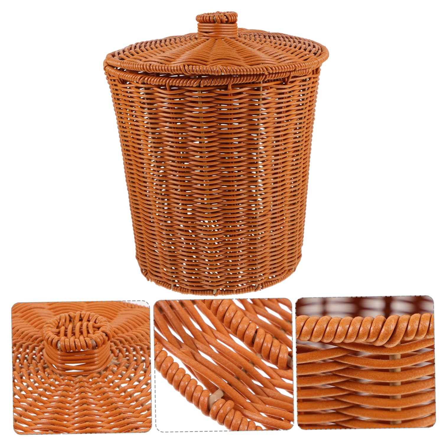 HEMOTON Waste Basket with Lid,Plastic Woven Trash Can,Small Wicker Trash Basket,Wastebasket Garbage Bin,Woven Storage Basket,Woven Waste Basket with Lid for Bathroom Bedroom Offices or Laundry
