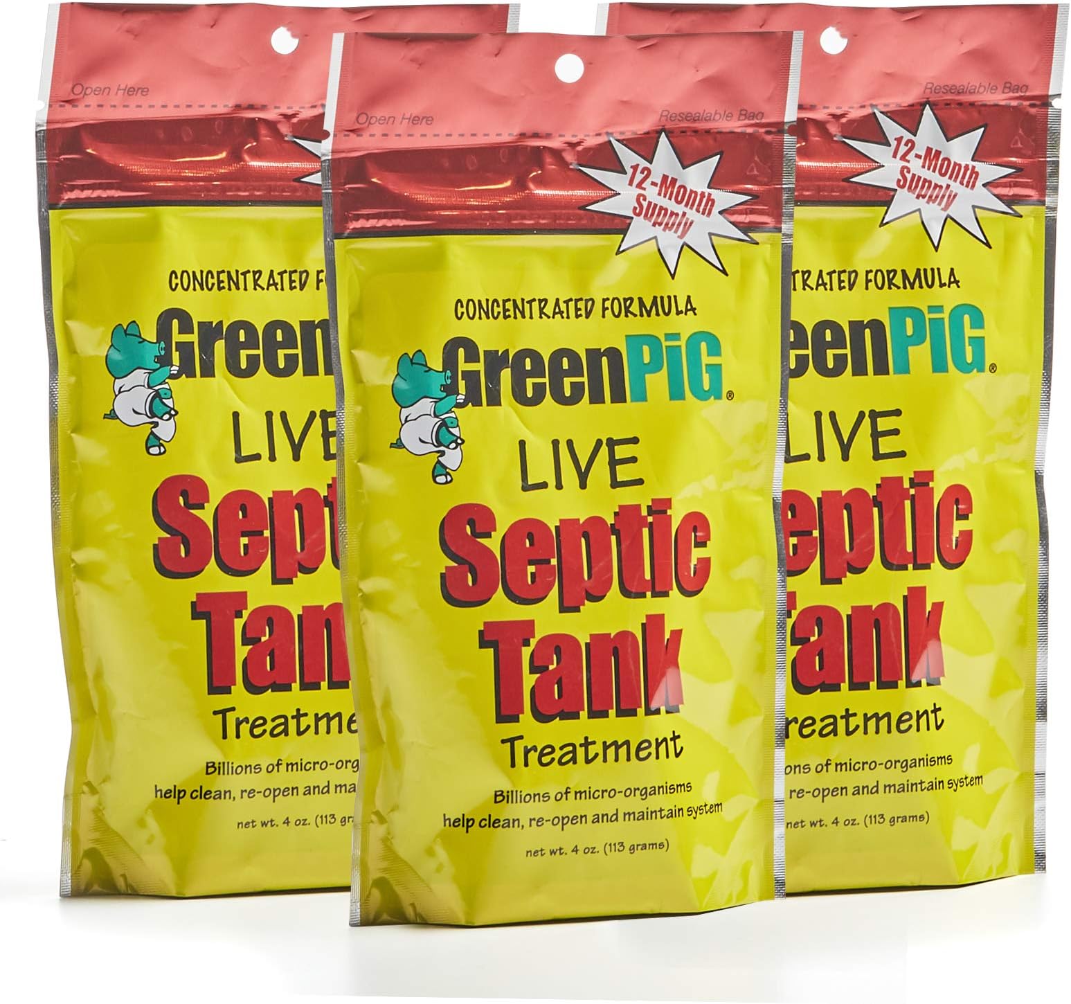 Green Pig 54A Live Septic Tank Treatment 3-Year Supply Ultimate Solution in Preventing Expensive Backups, Clogs, or Drain Field Failures with 12-Easy Drop-in and Flush Packets, Supply-12 Count