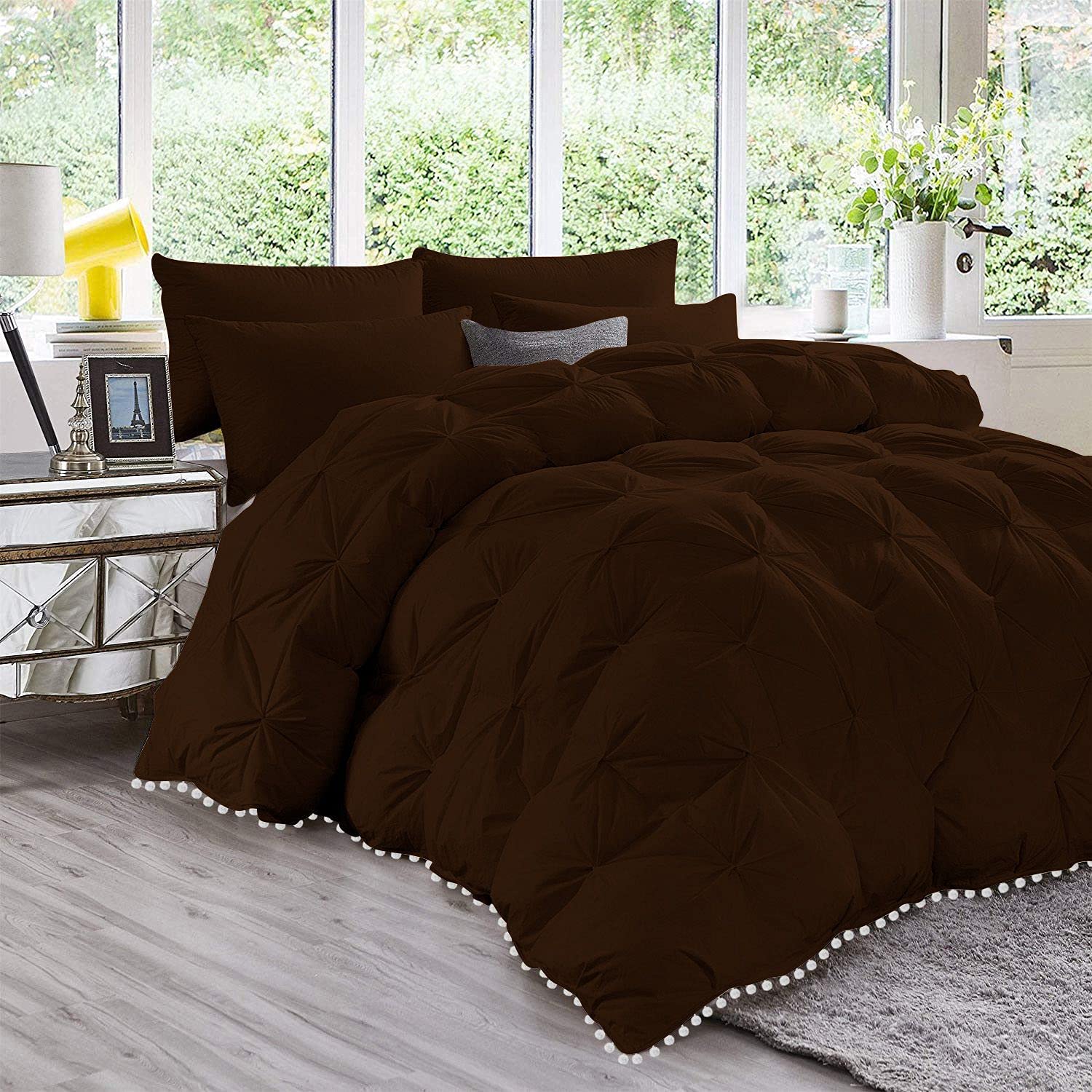 Tony's Textiles5 Piece White Pom Pom Pinch Pleated Comforter Set | 1000 Thread Count 100% Egyptian Cotton, Super Soft (Oversized Super King Size Chocolate Color)