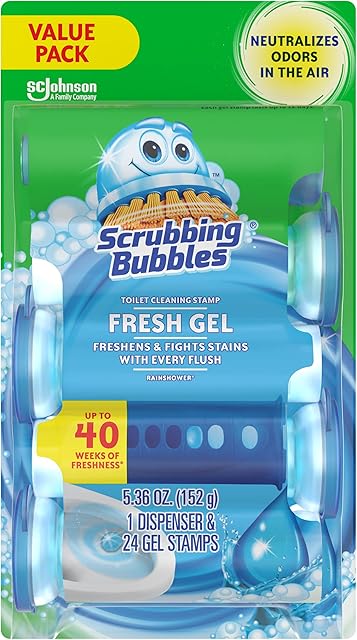 Scrubbing Bubbles Fresh Gel Toilet Cleaning Stamp, Rainshower, Dispenser with 24 Gel Stamps, 5.36 oz