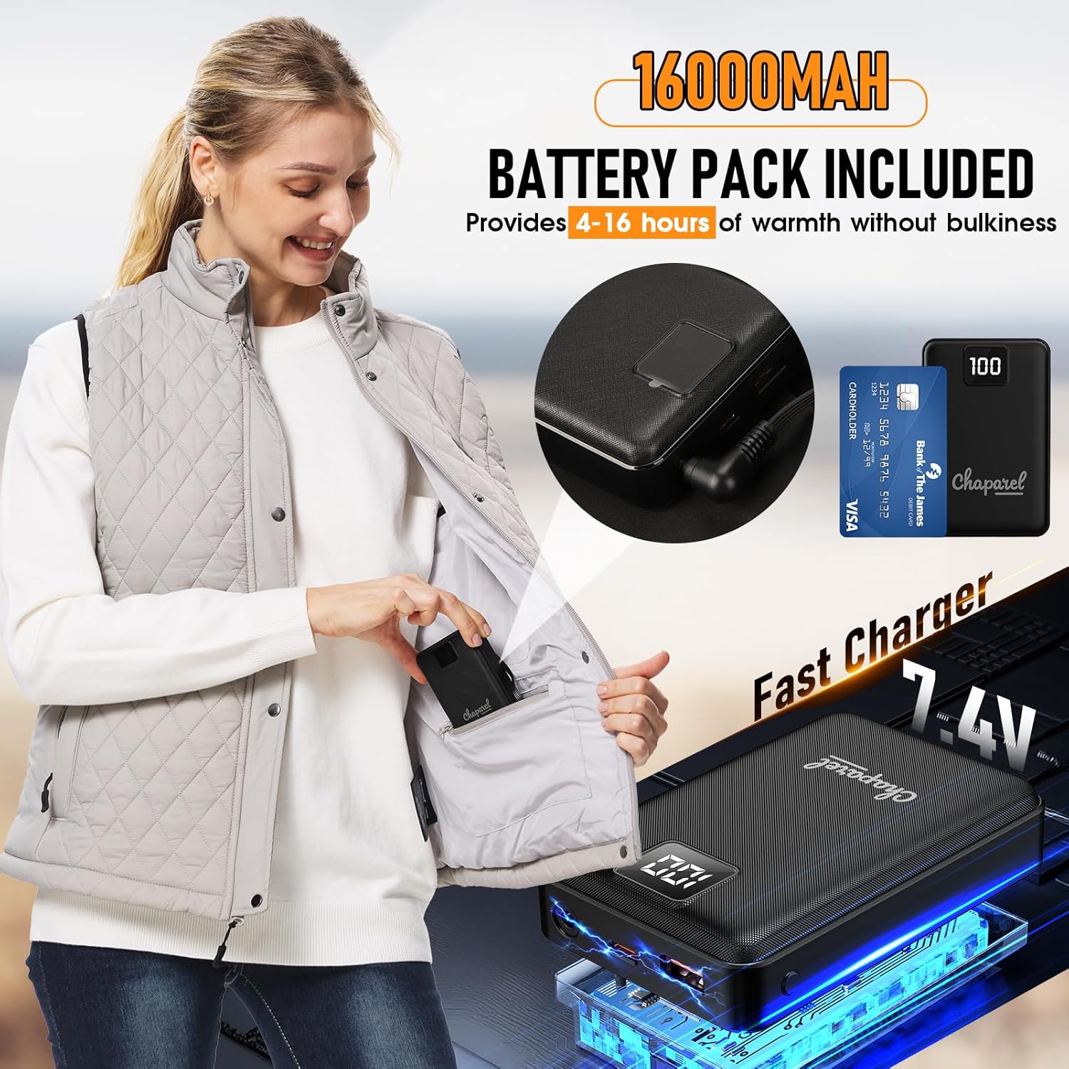 Women Heated Vest with Battery Pack, 16000mAh 7.4V Smart Rechargeable Heated Vests, Electric Lightweight Heating Vest Jacket - Image 3