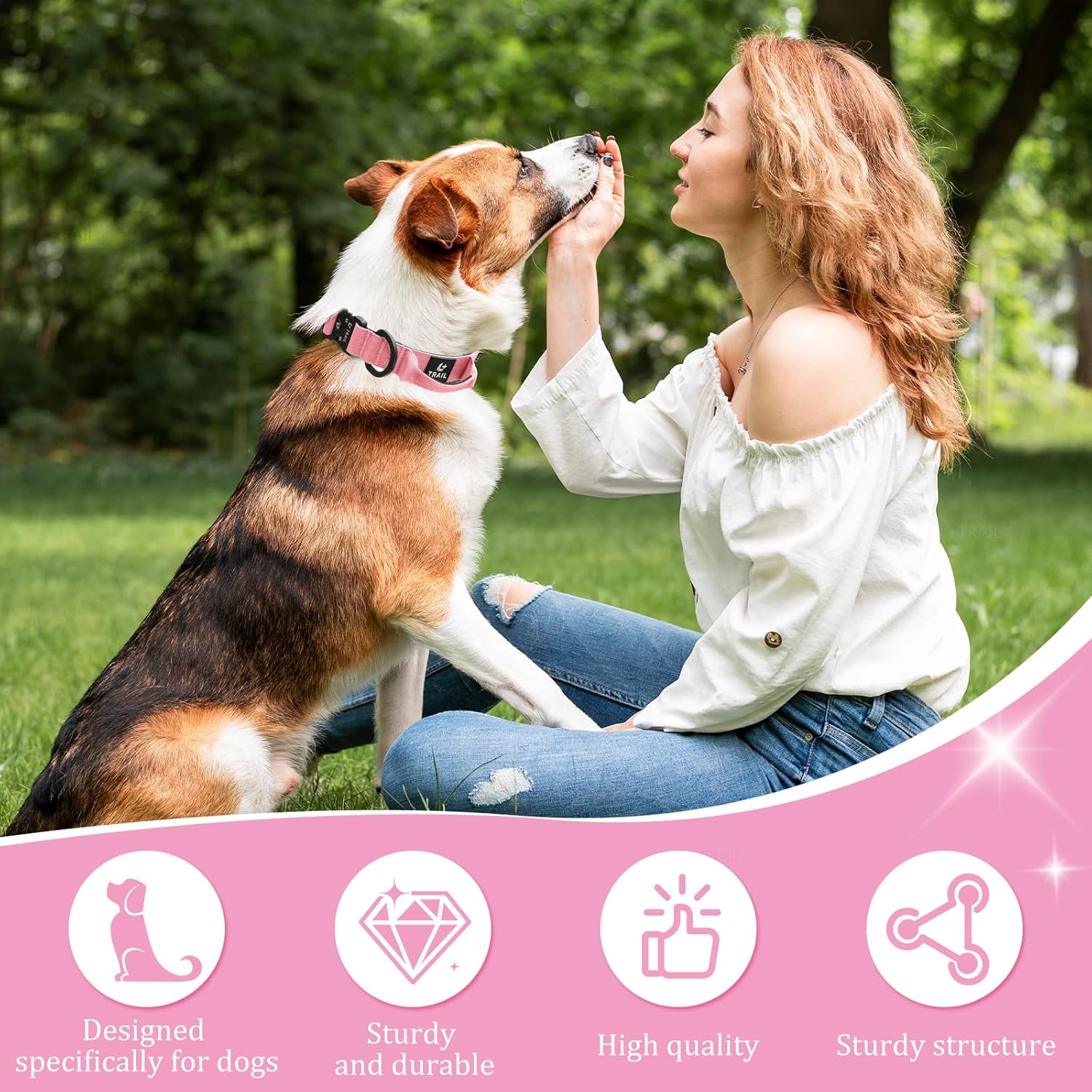 Tactical Dog Collar, Heavy Duty Nylon Collar with Aviation Aluminum Buckle & D-Ring for Medium and Large Dogs (Pink, Medium)