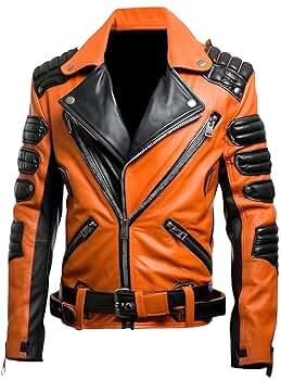 ジャケット・アウター 5 Anniversary Leather Jacket orange Men's Orange Leather Biker Jacket with Zipper, Pockets, and