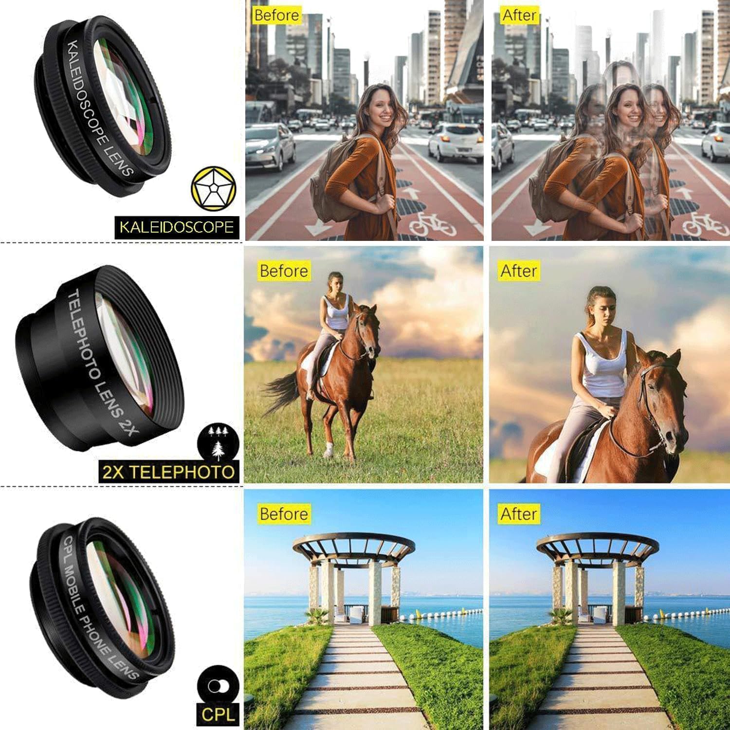 Lente per smartphone, 7 in 1 Universale Obiettivo per cellulare, Lente grandangolare, Obiettivo Macro, fisheye lens, caleidoscopio, zoom/CPL/Star lens, per alle smartphone (M)