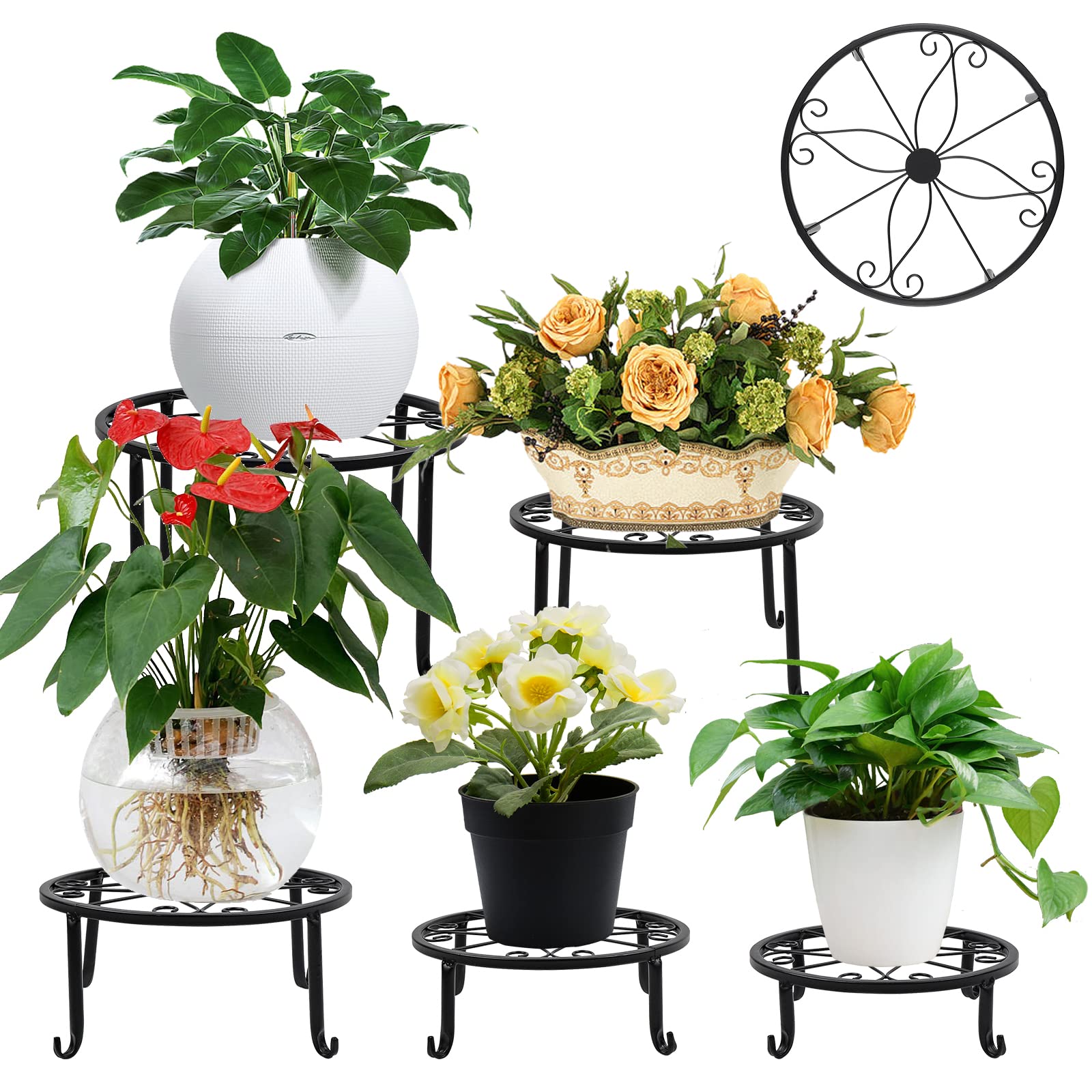 AISHNMetal Plant Stand 5 in 1 Potted Irons Planter Holder Black，Metal Rustproof Iron Garden Container Round Supports Rack for Planter，Flowerpot Holder Display Rack for Home & Garden Decorate