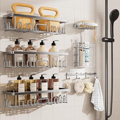Vista 11 de Veken Paquete de 5 estantes de ducha resistentes al óxido e impermeables, estantes de ducha esquineros adhesivos sin perforaciones, estante
