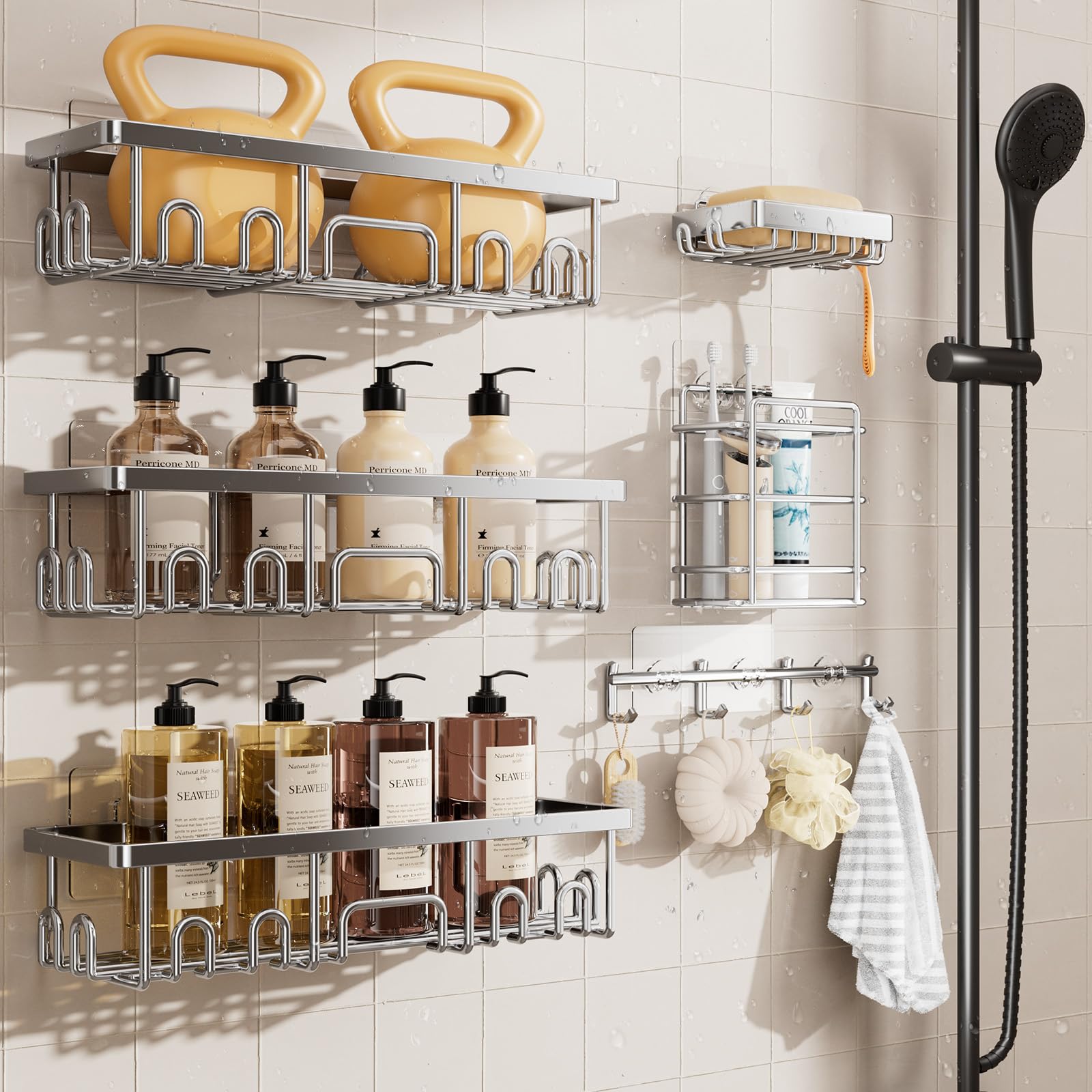 Veken Shower Caddy 6-Pack, Advanced Rustproof Design, No Drilling Adhesive Shelves, Rack with Soap Holder, Large Capacity Bathroom Organizers and Storage, Wall-Mounted Kitchen & Home Decor, Silver Silver 6-Piece Set with Hooks