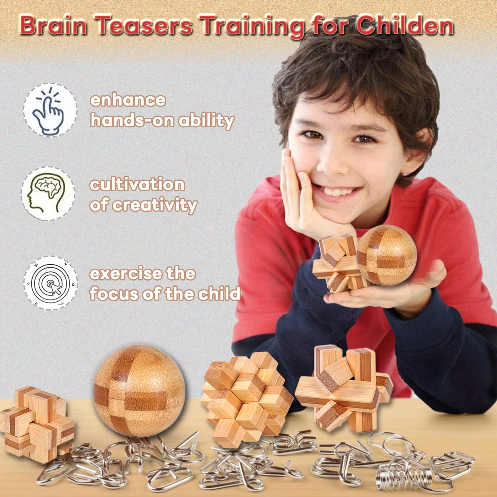 WishesMar 32 Pcs Wooden Brain Teaser Puzzles and Metal Wire Brain Teaser Set Logic Mind Educational Toy - Image 2