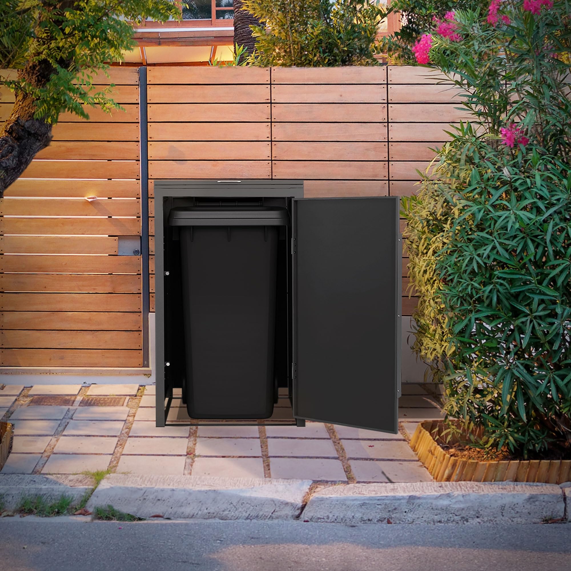 ML-Design Abri Cache 1 Poubelle, 68x80x120cm 240L, Anthracite Aspect Bois Claire, en Acier, Couvercle Rabattable et Porte Clôture, Protection Visuelle, Habillage Conteneurs, Résistant aux Intempéries