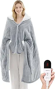 Heated Blanket Wearable Electric Blanket with Hood and Pockets, Heating Throw Blanket, Electric Heated Wrap Shawl with 6 Heating Levels Setting & 4 Hours Auto Shut Off, Machine Washable(Shrot, Grey)