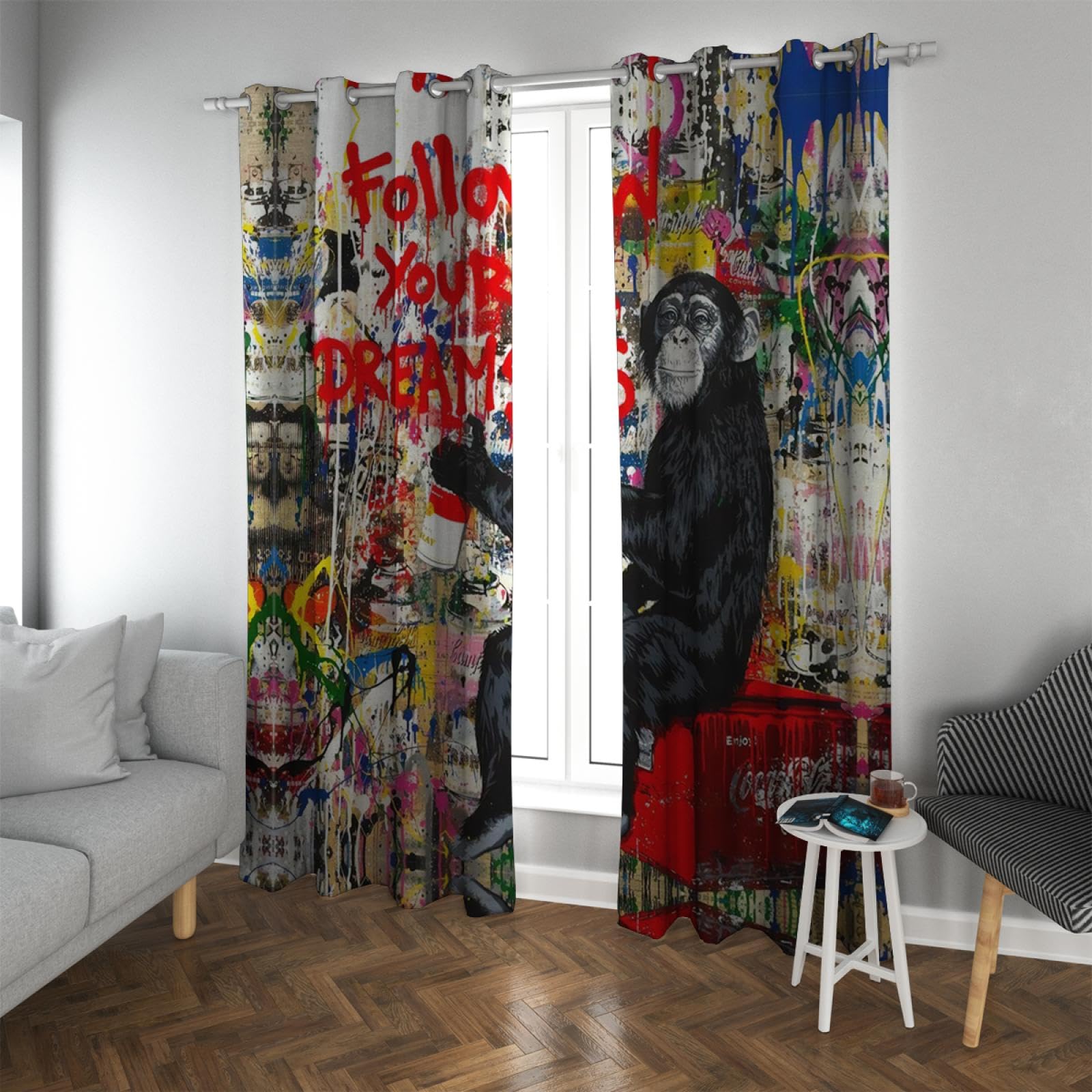 LANDOCROWN Blackout Curtains for Bedroom Banksy Graffiti Funny Monkey Polyester Drapes for Noise Reducing Follow Your Dreams Curtain 66x54 Inch 2 Panels